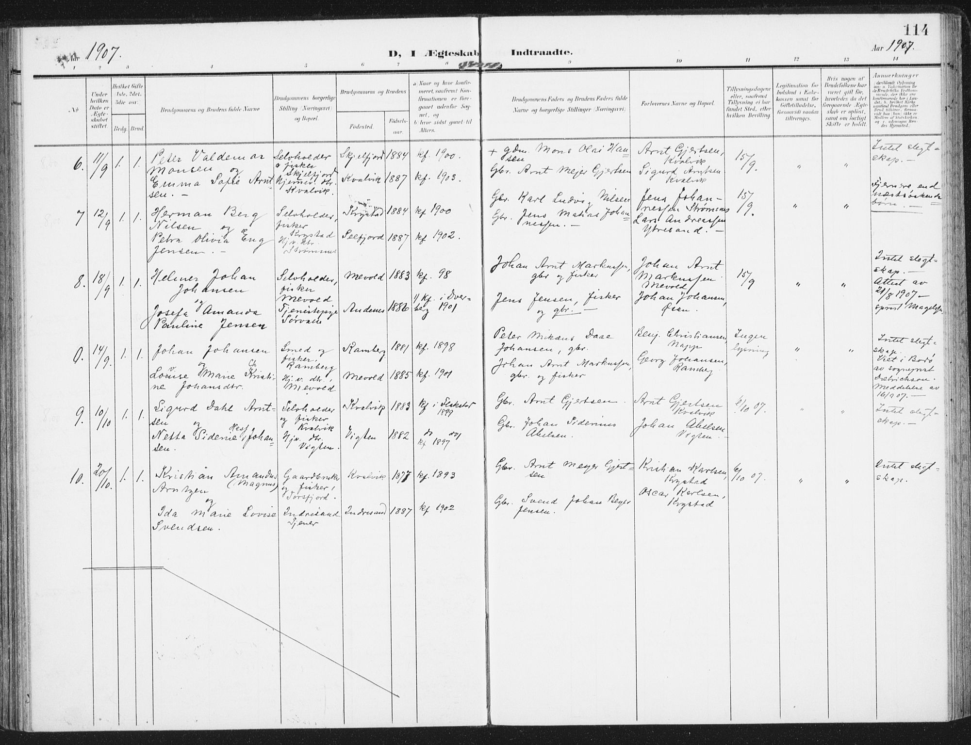 Ministerialprotokoller, klokkerbøker og fødselsregistre - Nordland, SAT/A-1459/885/L1206: Parish register (official) no. 885A07, 1905-1915, p. 114