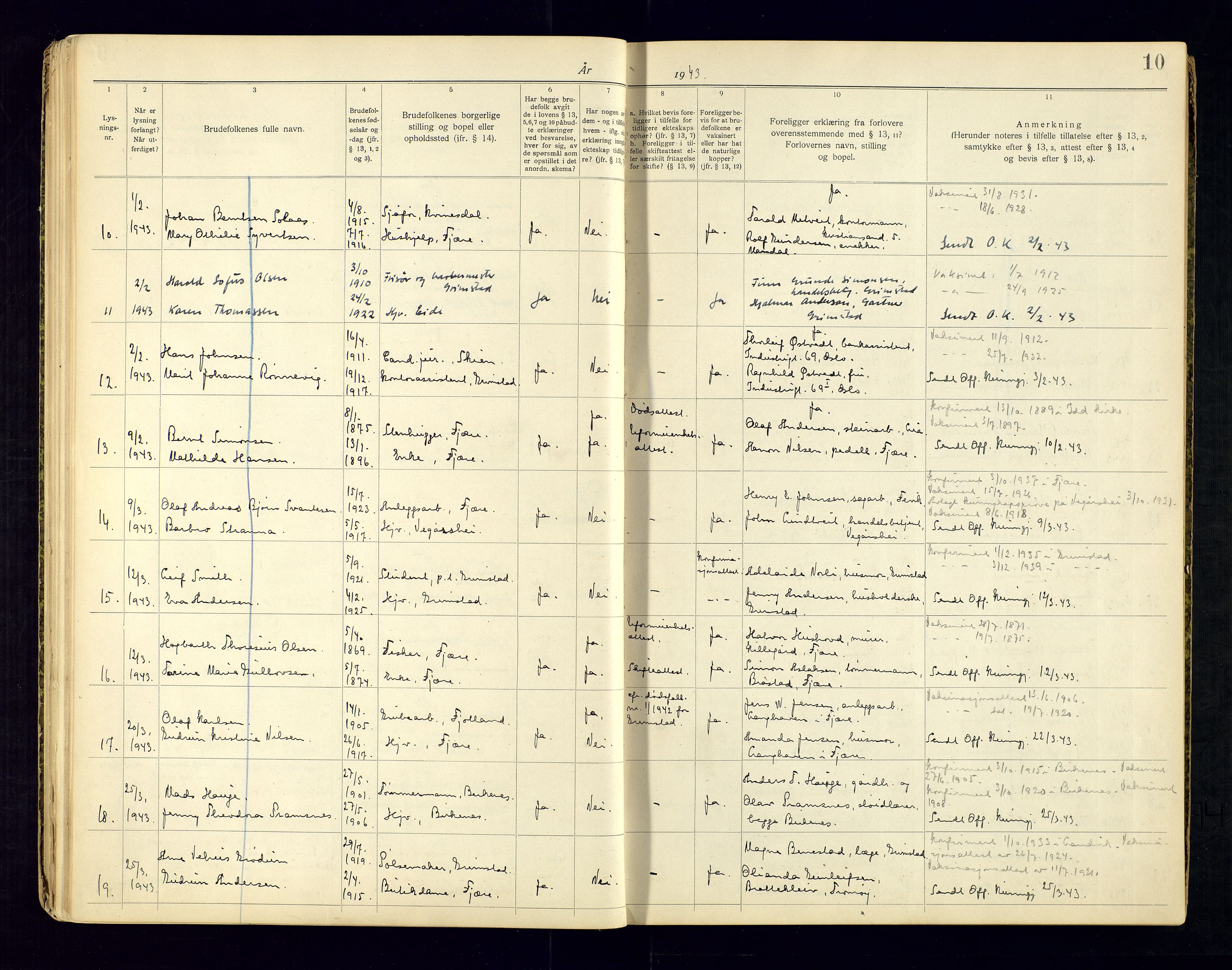 Sand sorenskriveri - 2, AV/SAK-1221-0110/I/Ib/L0532/0001: Lysning og vigsel / Lysningsbok for Grimstad, 1920-1969, p. 10