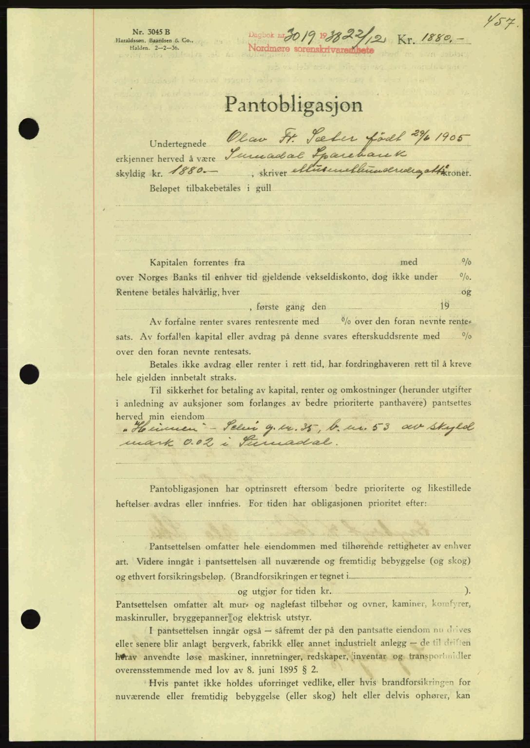 Nordmøre sorenskriveri, SAT/A-4132/1/2/2Ca: Mortgage book no. B84, 1938-1939, Diary no: : 3019/1938