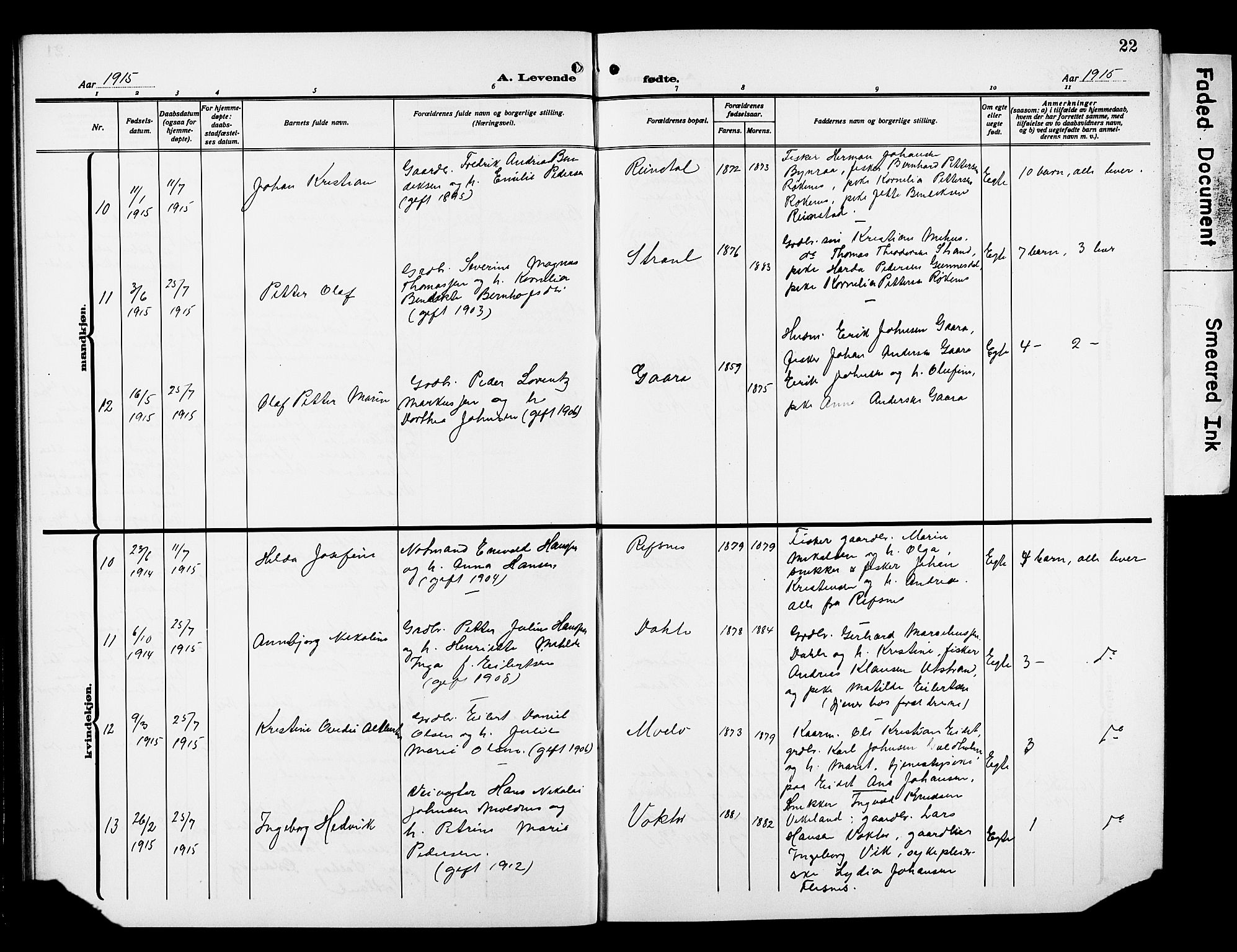 Kvæfjord sokneprestkontor, AV/SATØ-S-1323/G/Ga/Gab/L0006klokker: Parish register (copy) no. 6, 1912-1931, p. 22