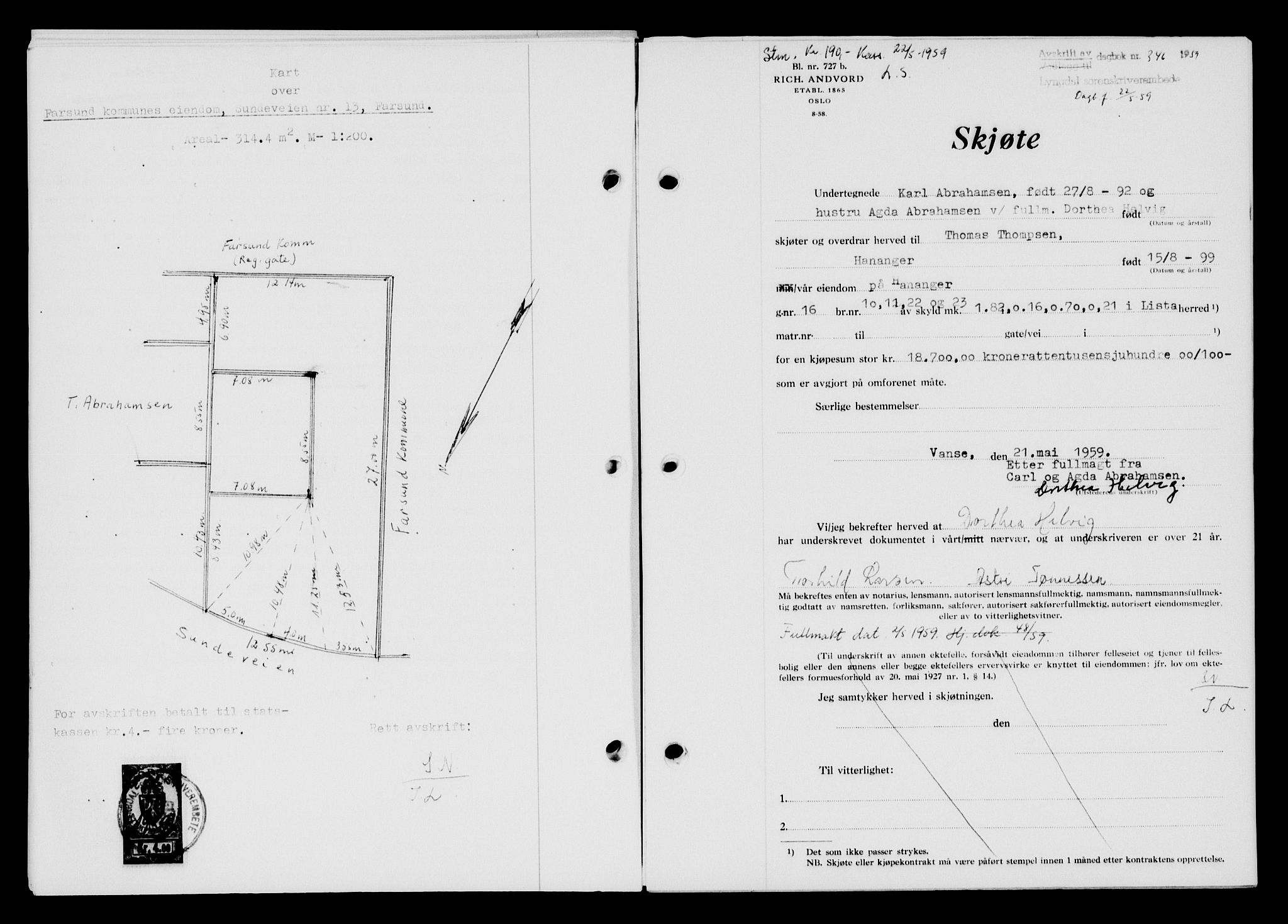 Lyngdal sorenskriveri, AV/SAK-1221-0004/G/Gb/L0678: Mortgage book no. A XXIV, 1958-1959, Diary no: : 346/1959