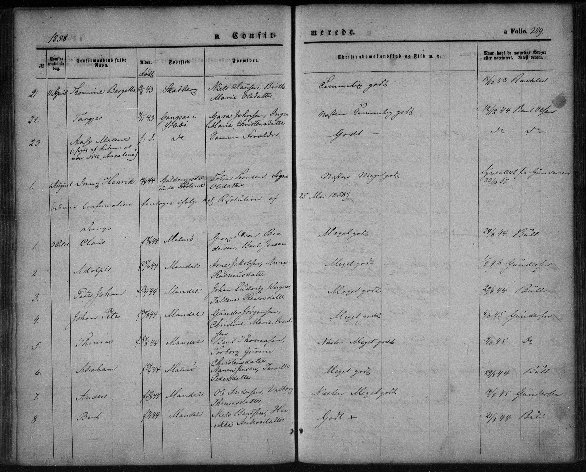 Mandal sokneprestkontor, AV/SAK-1111-0030/F/Fa/Faa/L0013: Parish register (official) no. A 13, 1847-1859, p. 259