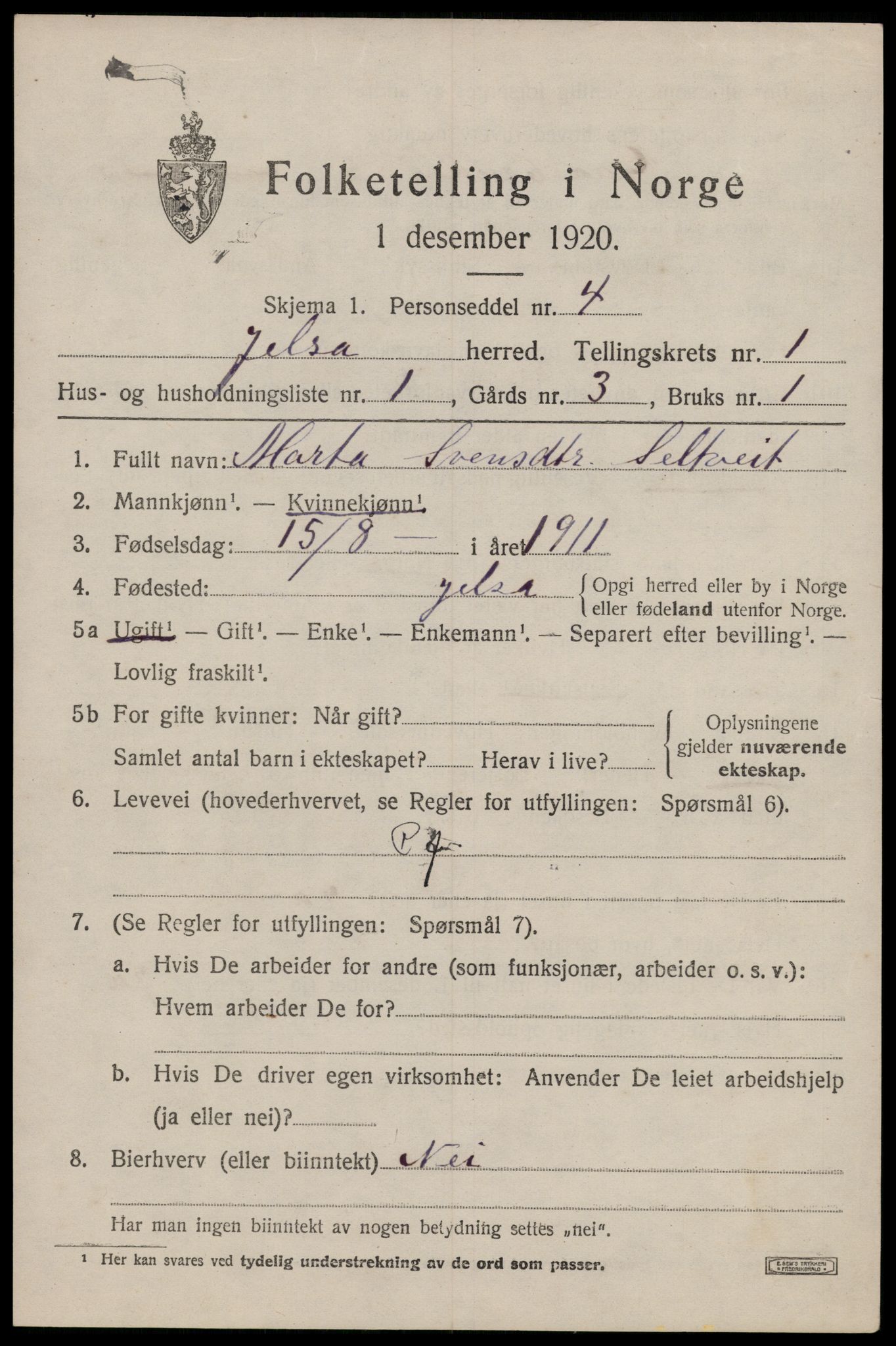 SAST, 1920 census for Jelsa, 1920, p. 672