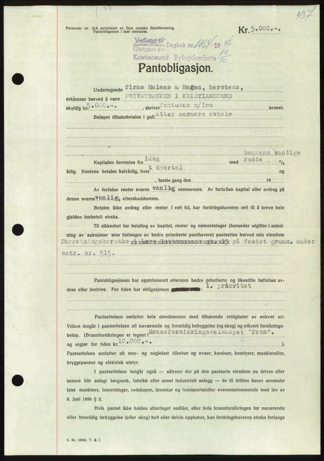 Kristiansund byfogd, AV/SAT-A-4587/A/27: Mortgage book no. 40, 1946-1946, Diary no: : 1164/1946