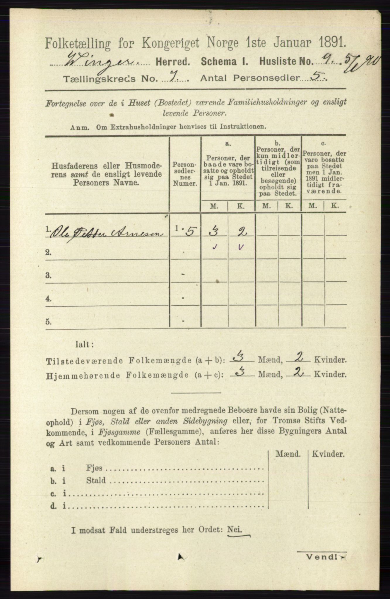 RA, 1891 census for 0421 Vinger, 1891, p. 3183