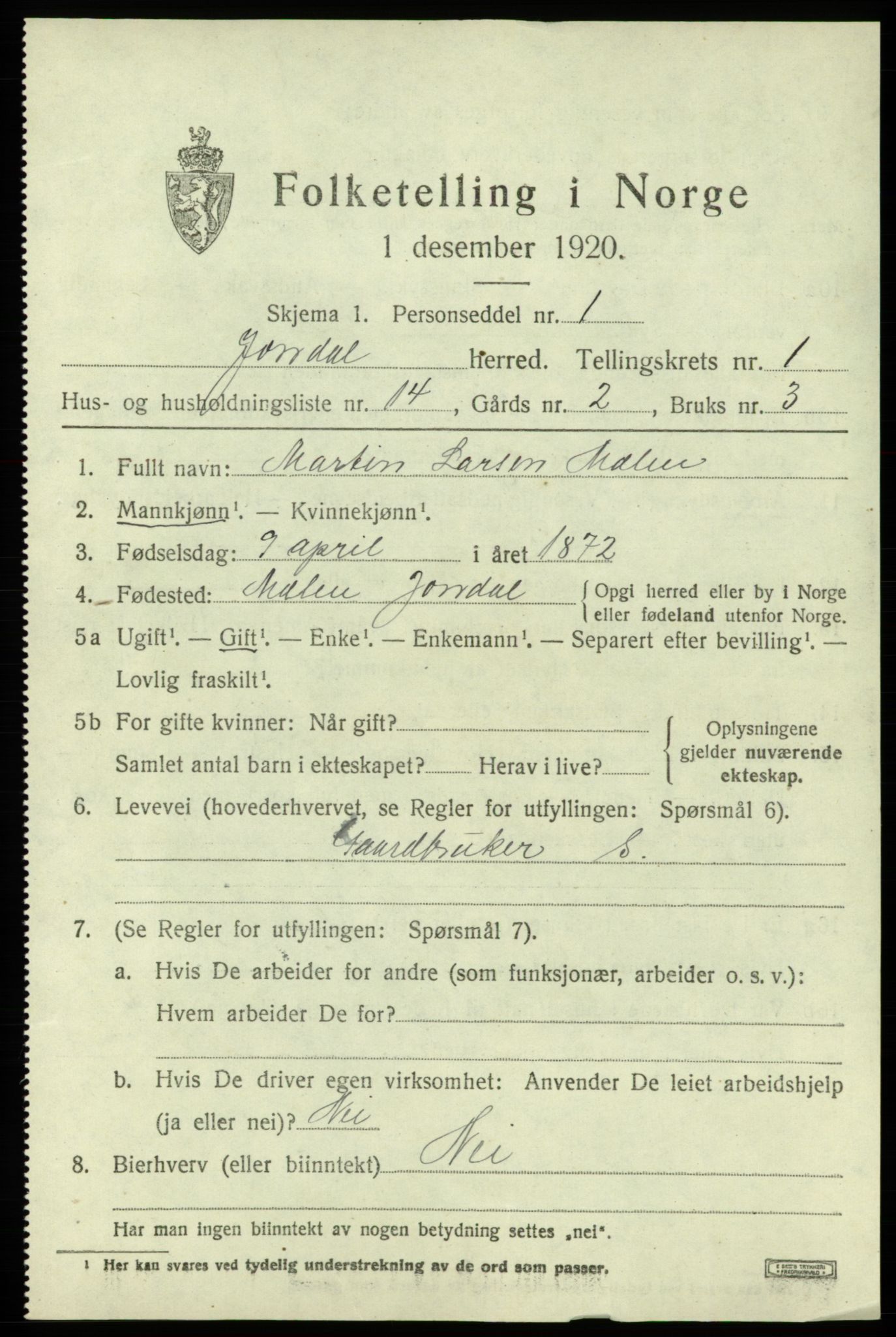 SAB, 1920 census for Jondal, 1920, p. 950