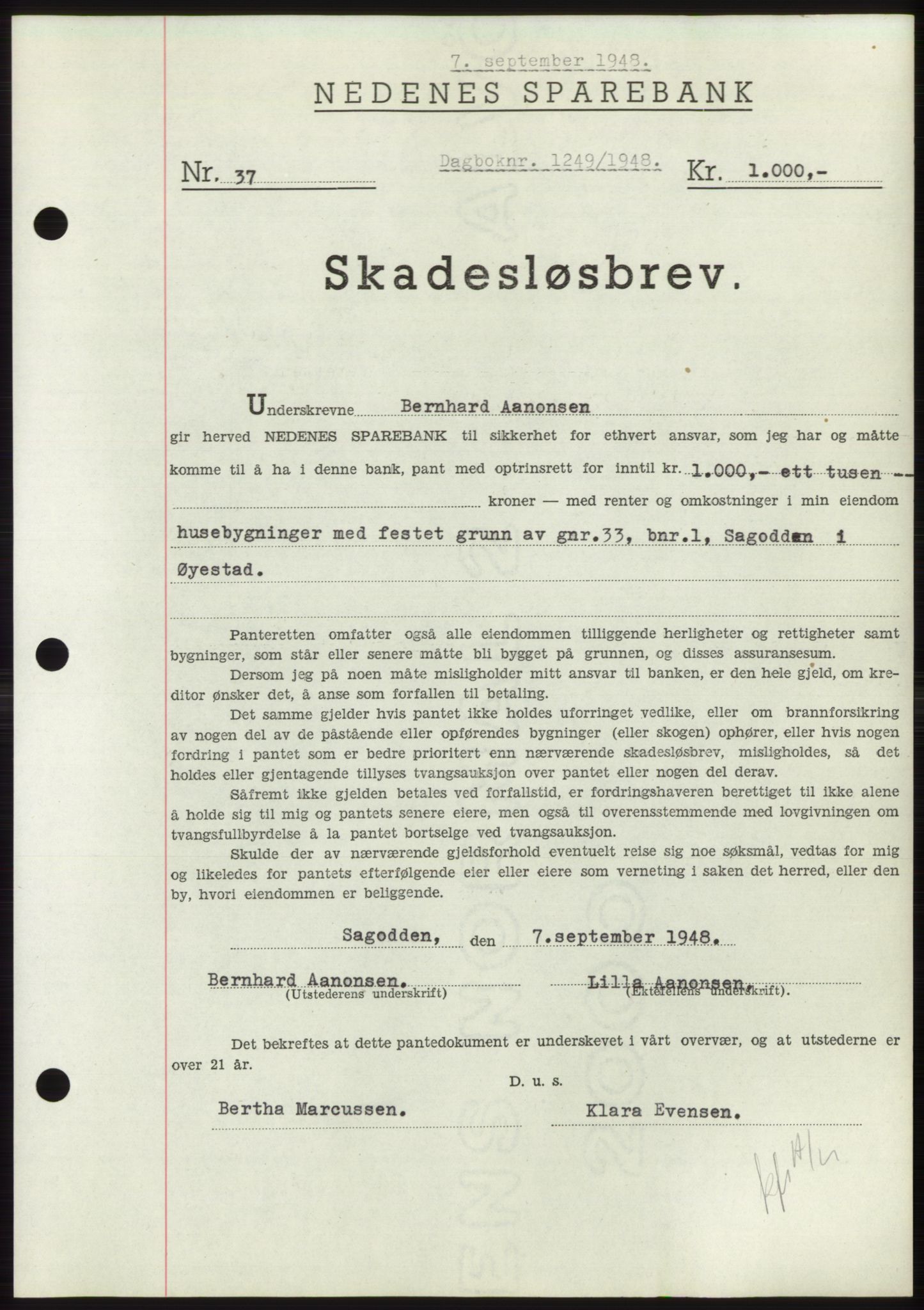 Nedenes sorenskriveri, AV/SAK-1221-0006/G/Gb/Gbb/L0005: Mortgage book no. B5, 1948-1948, Diary no: : 1249/1948