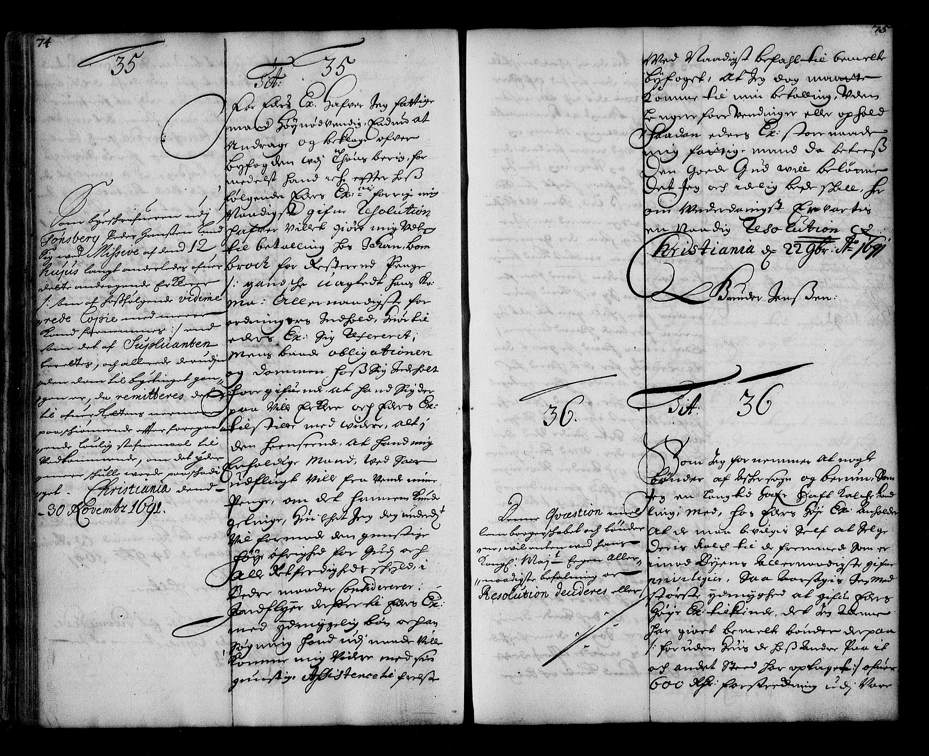 Stattholderembetet 1572-1771, AV/RA-EA-2870/Ae/L0009: Supplikasjons- og resolusjonsprotokoll, 1691-1692, p. 74-75