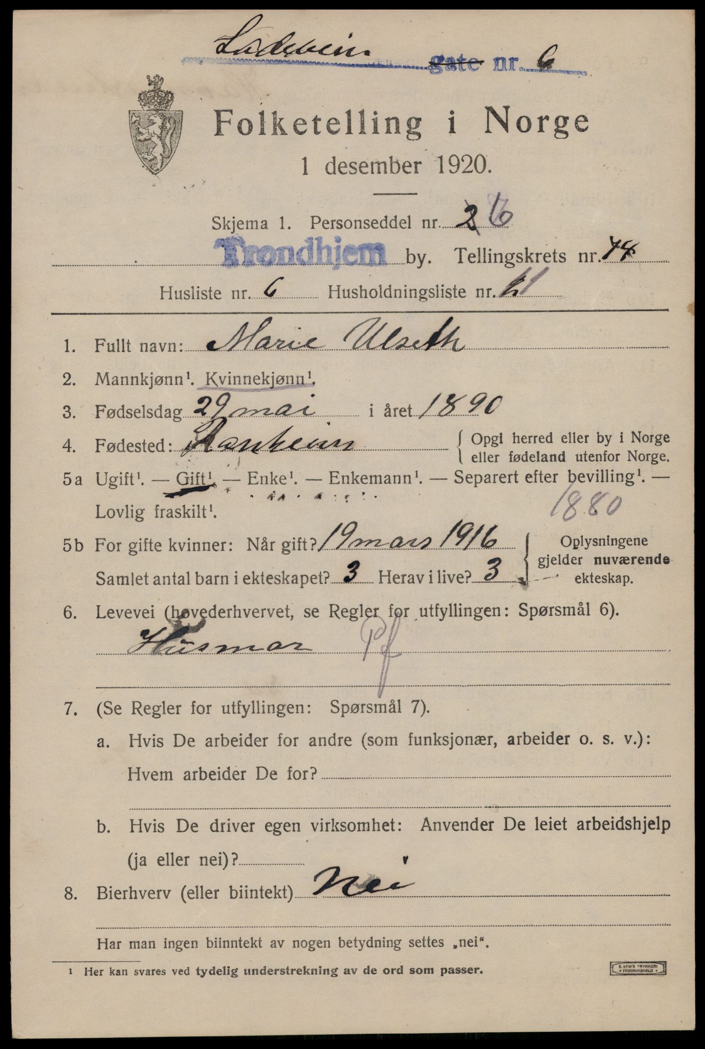 SAT, 1920 census for Trondheim, 1920, p. 144286