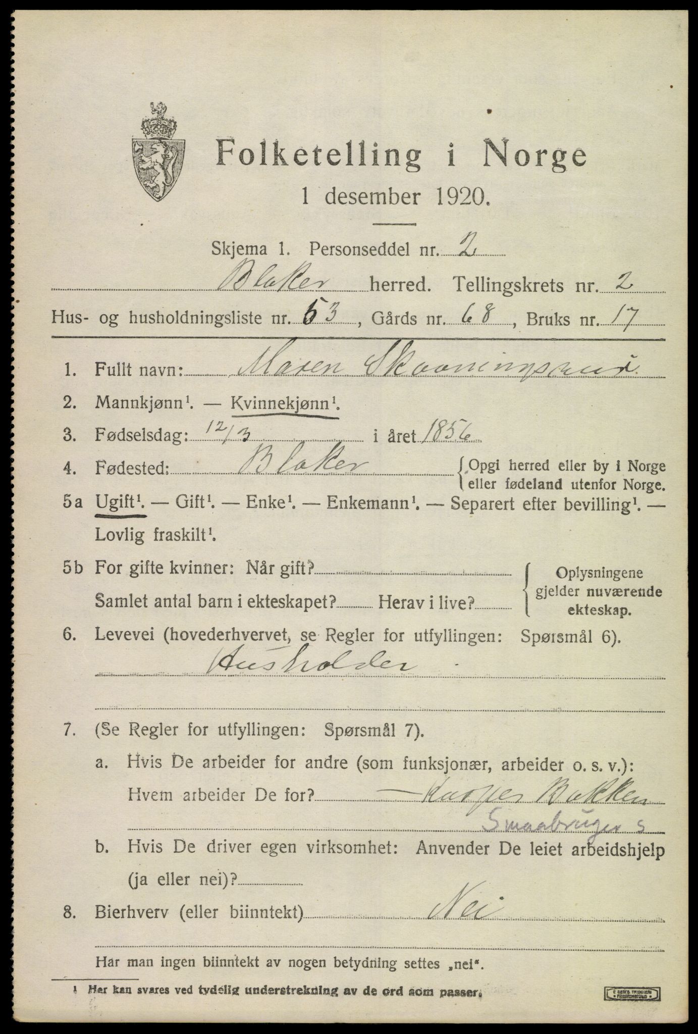 SAO, 1920 census for Blaker, 1920, p. 2033