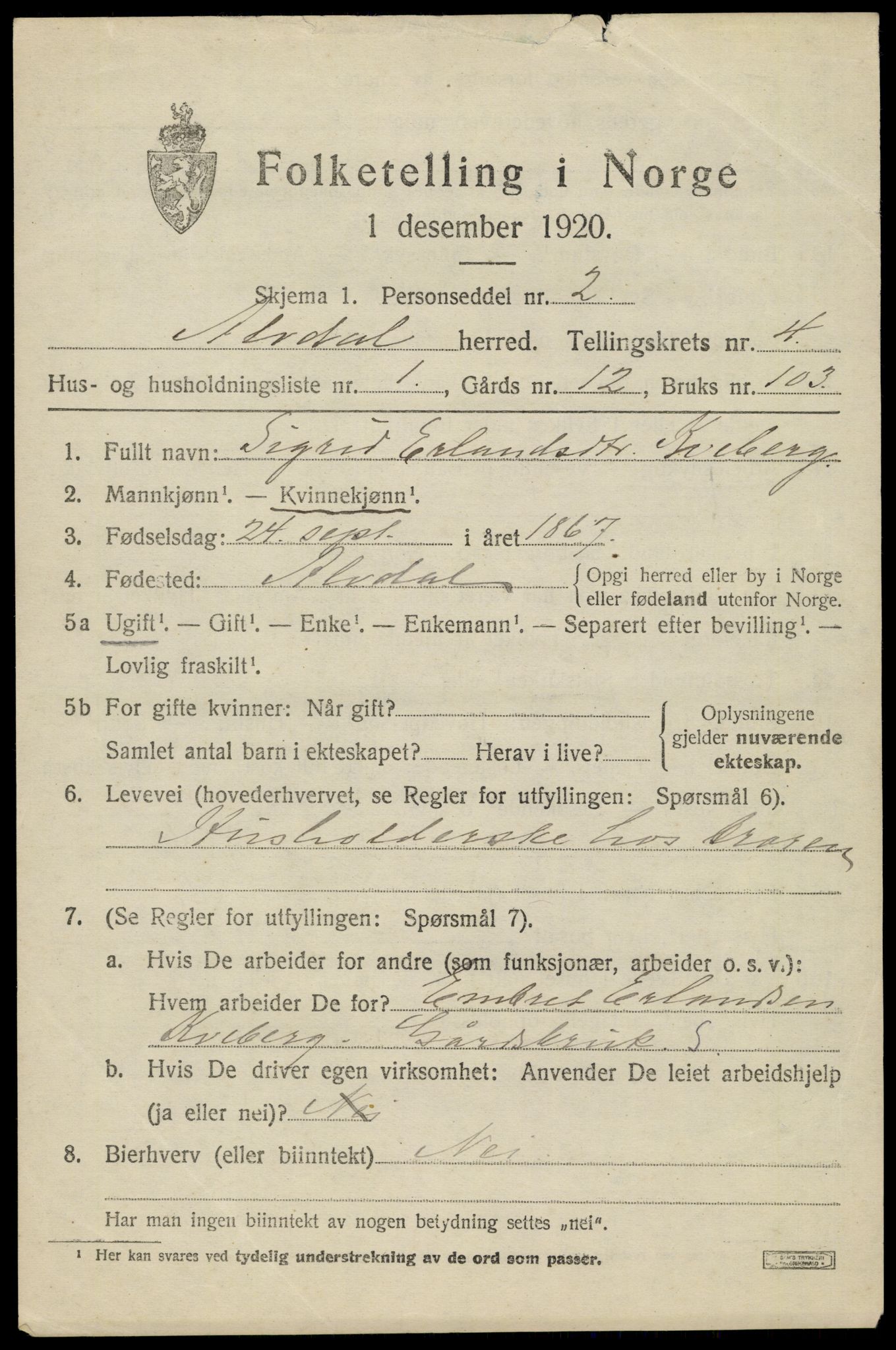 SAH, 1920 census for Alvdal, 1920, p. 2976