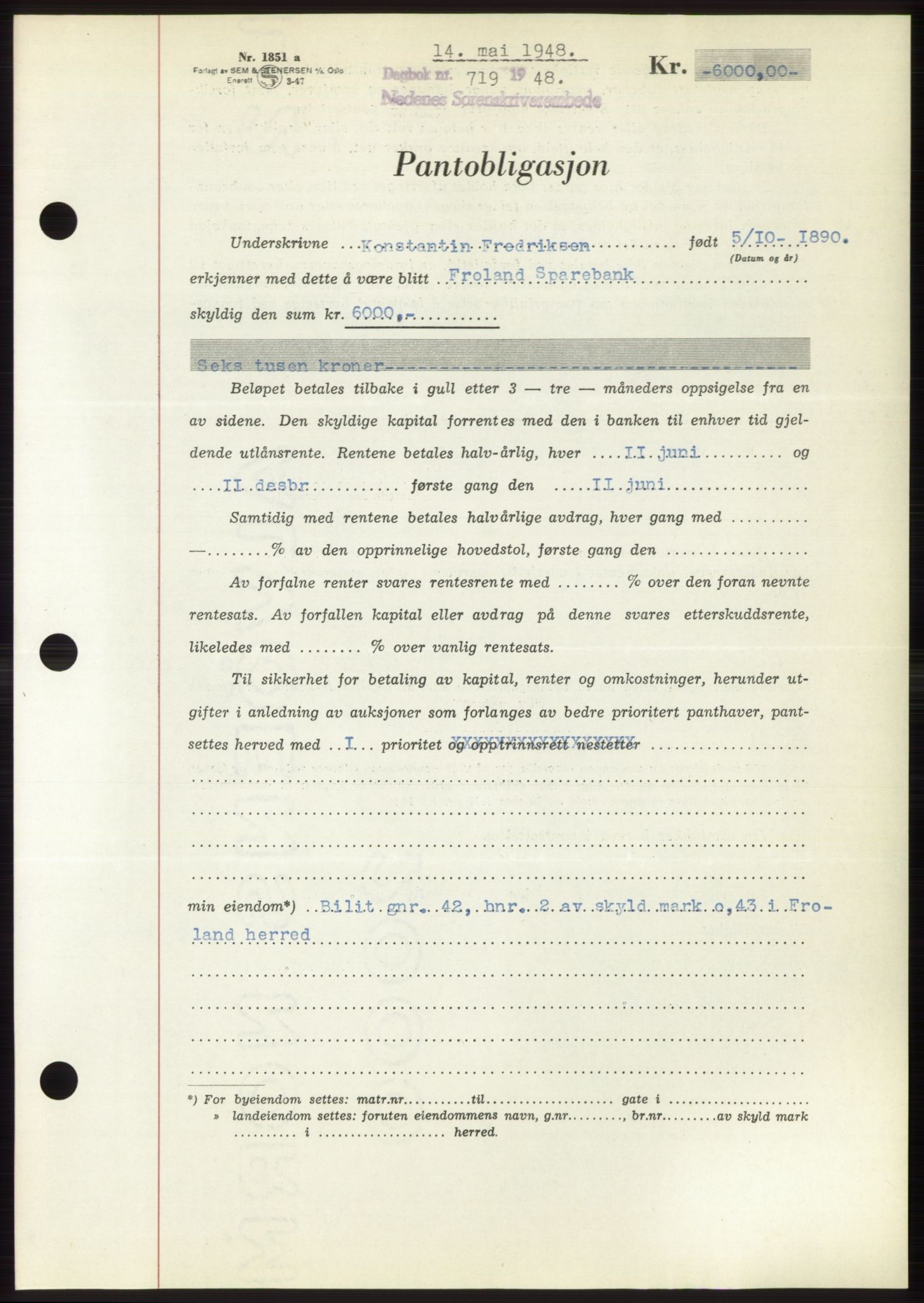 Nedenes sorenskriveri, AV/SAK-1221-0006/G/Gb/Gbb/L0005: Mortgage book no. B5, 1948-1948, Diary no: : 719/1948