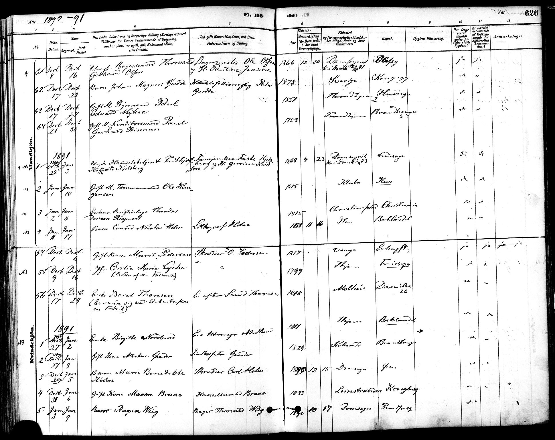 Ministerialprotokoller, klokkerbøker og fødselsregistre - Sør-Trøndelag, SAT/A-1456/601/L0058: Parish register (official) no. 601A26, 1877-1891, p. 626