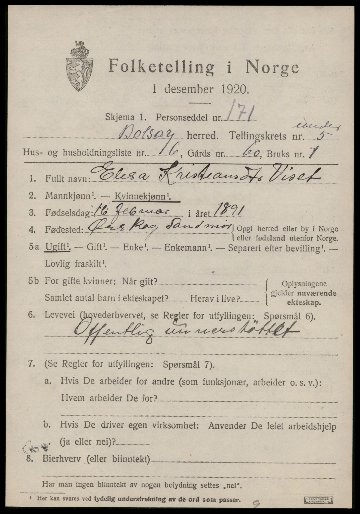 SAT, 1920 census for Bolsøy, 1920, p. 7541