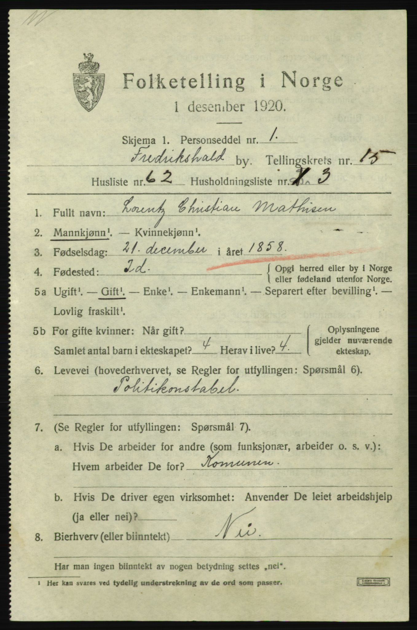 SAO, 1920 census for Fredrikshald, 1920, p. 24604