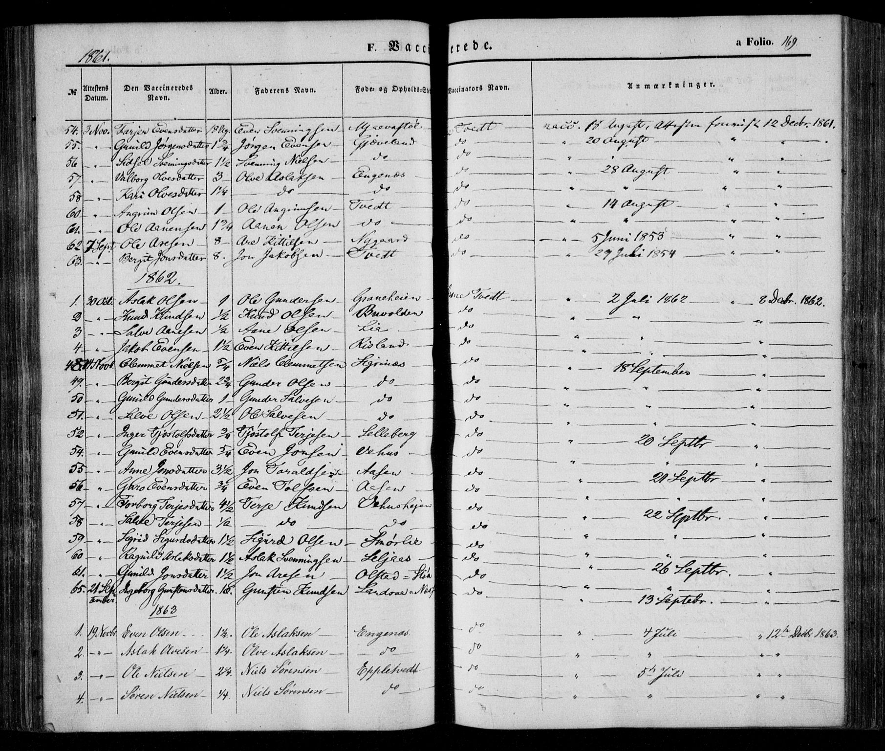 Åmli sokneprestkontor, SAK/1111-0050/F/Fa/Fac/L0008: Parish register (official) no. A 8, 1852-1869, p. 169