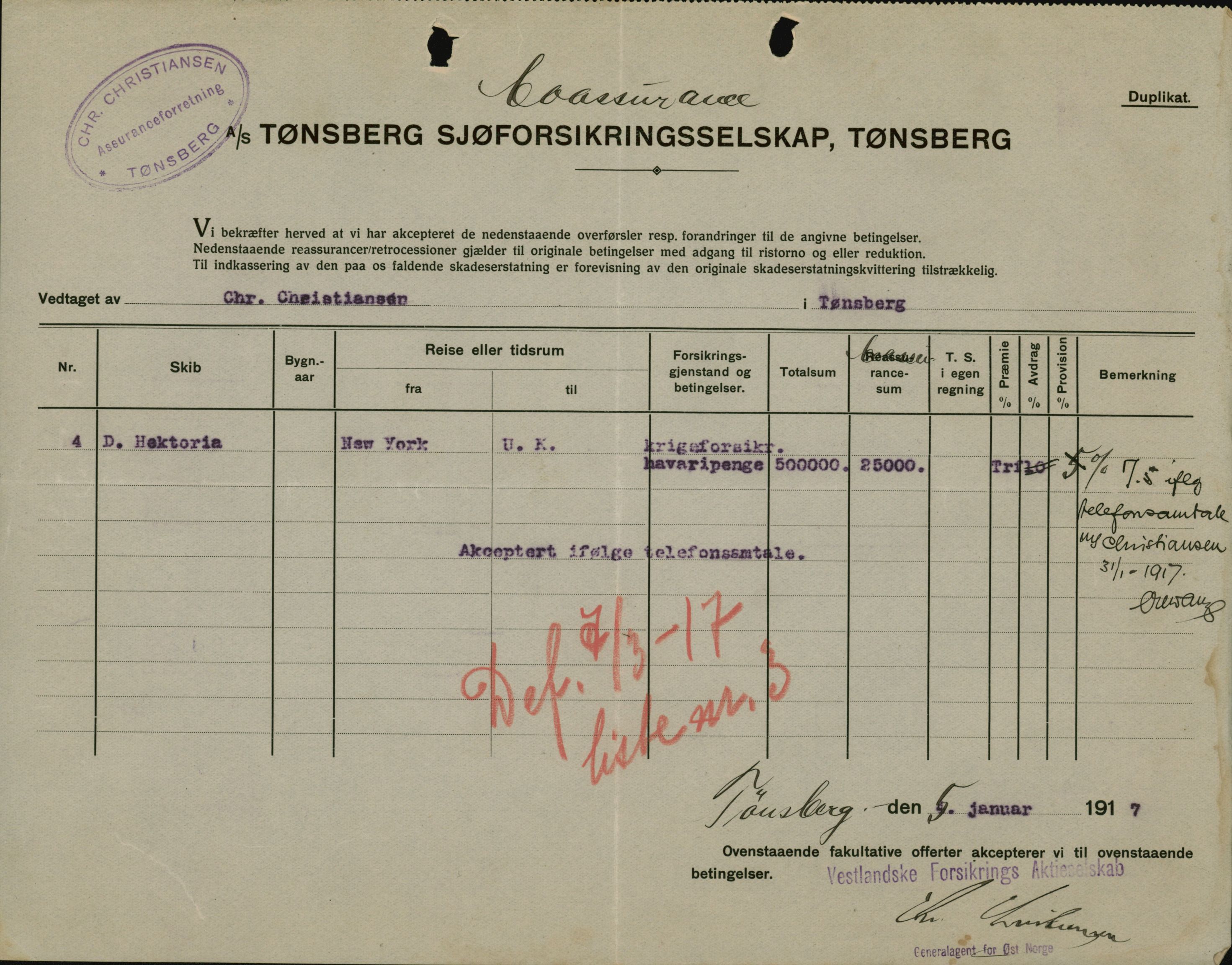 Pa 664 - Tønsberg Sjøforsikringsselskap, VEMU/A-1773/F/L0001: Forsikringspoliser, 1915-1918