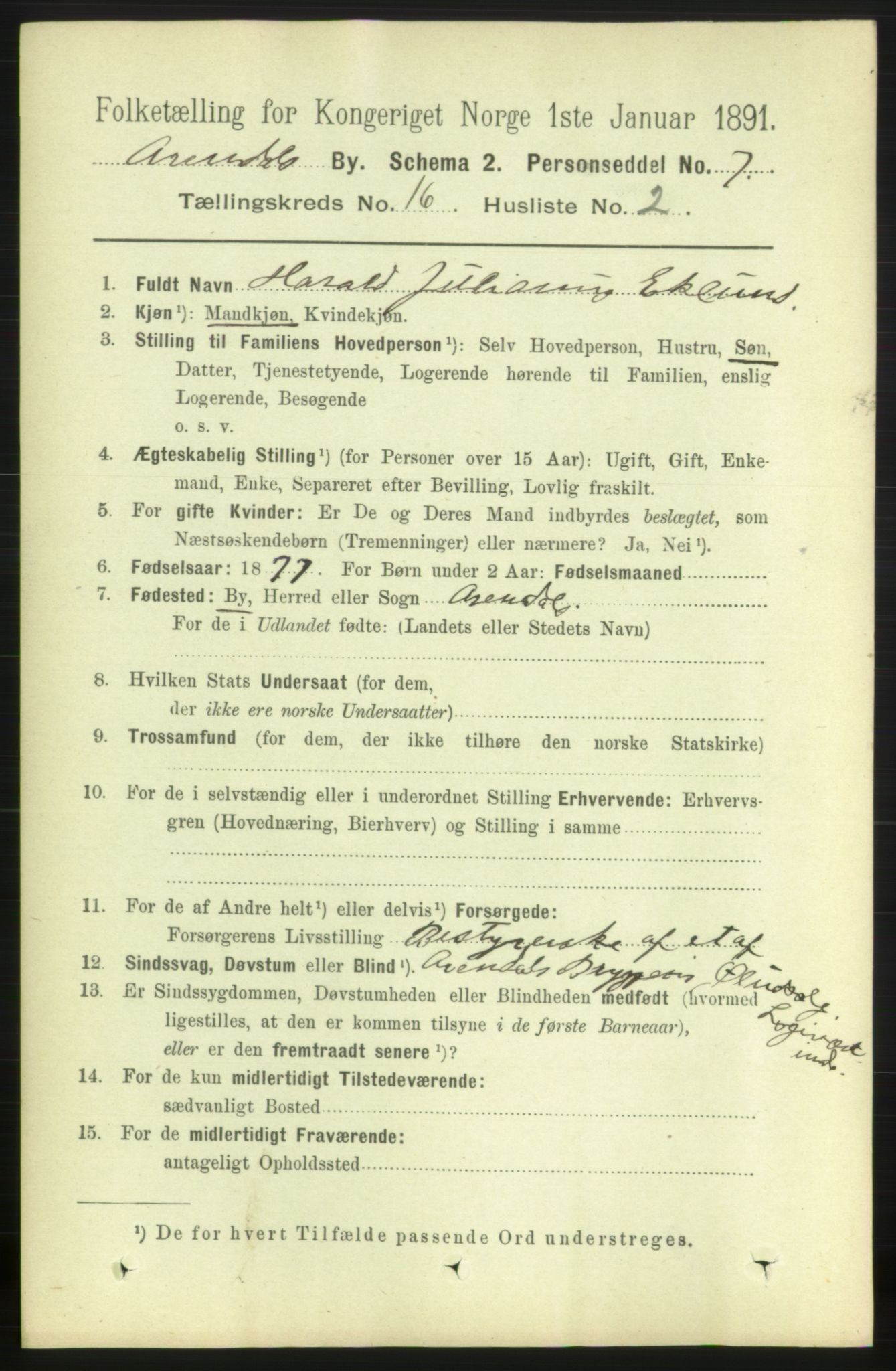 RA, 1891 census for 0903 Arendal, 1891, p. 5375