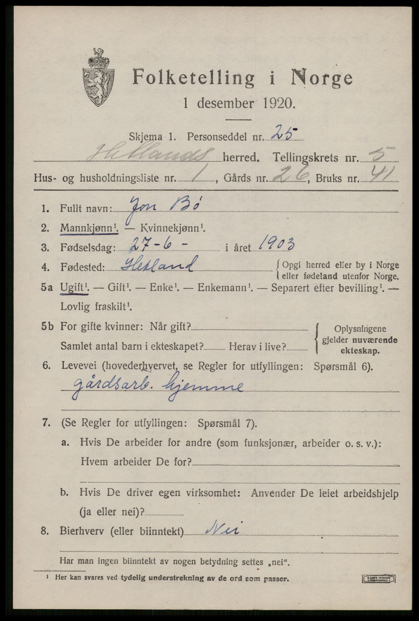 SAST, 1920 census for Hetland, 1920, p. 8201