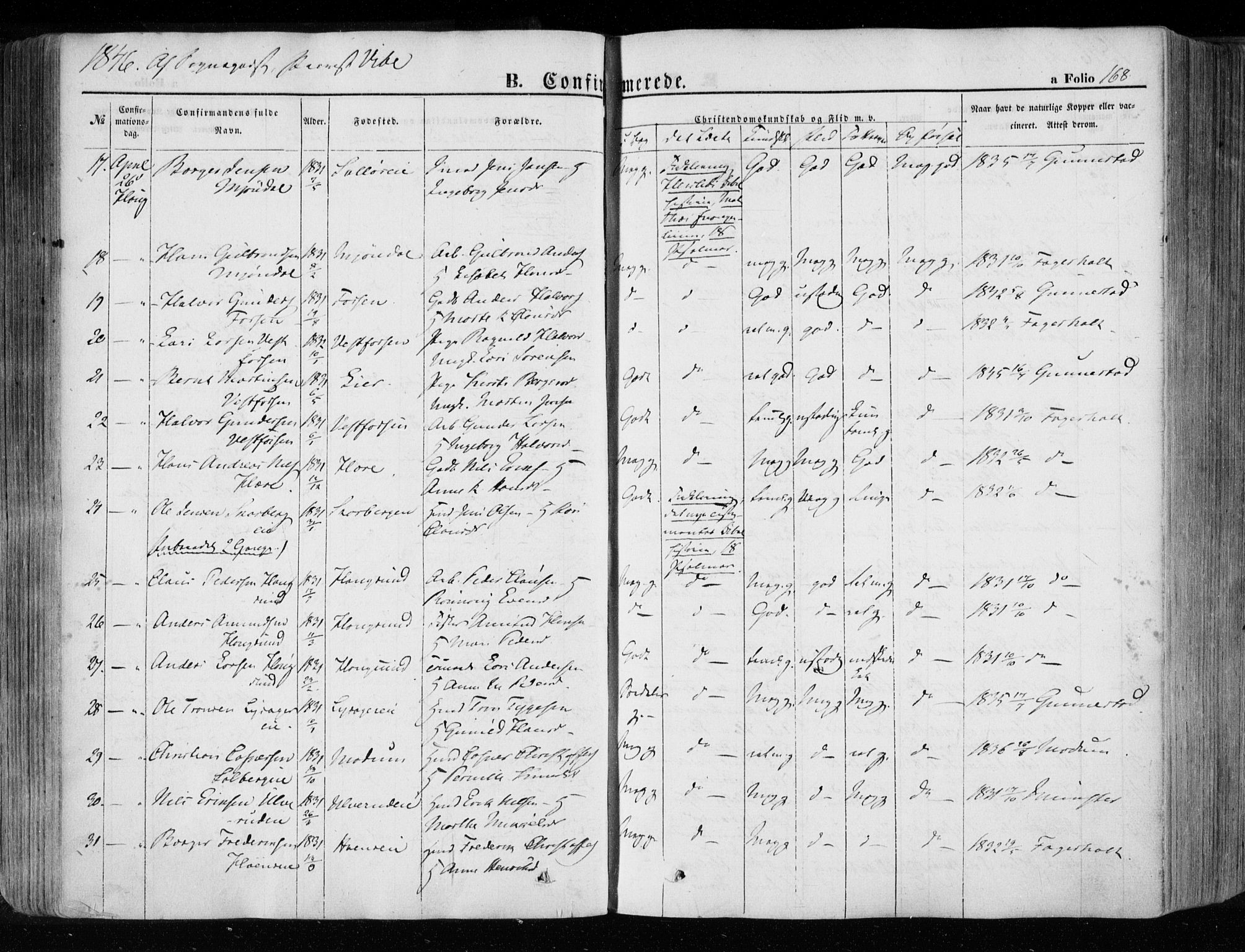 Eiker kirkebøker, SAKO/A-4/F/Fa/L0014: Parish register (official) no. I 14, 1846-1854, p. 168
