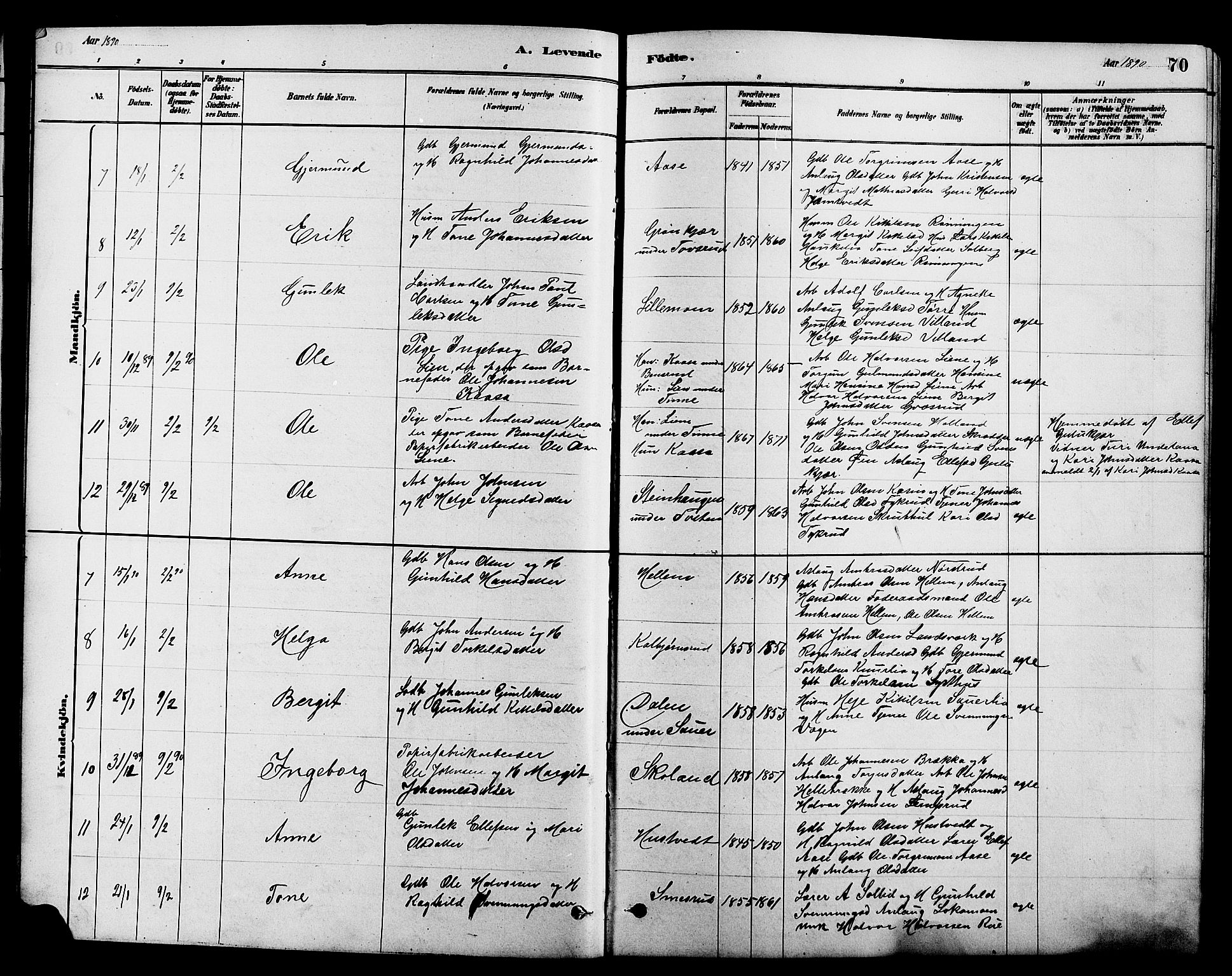Heddal kirkebøker, SAKO/A-268/G/Ga/L0002: Parish register (copy) no. I 2, 1879-1908, p. 70