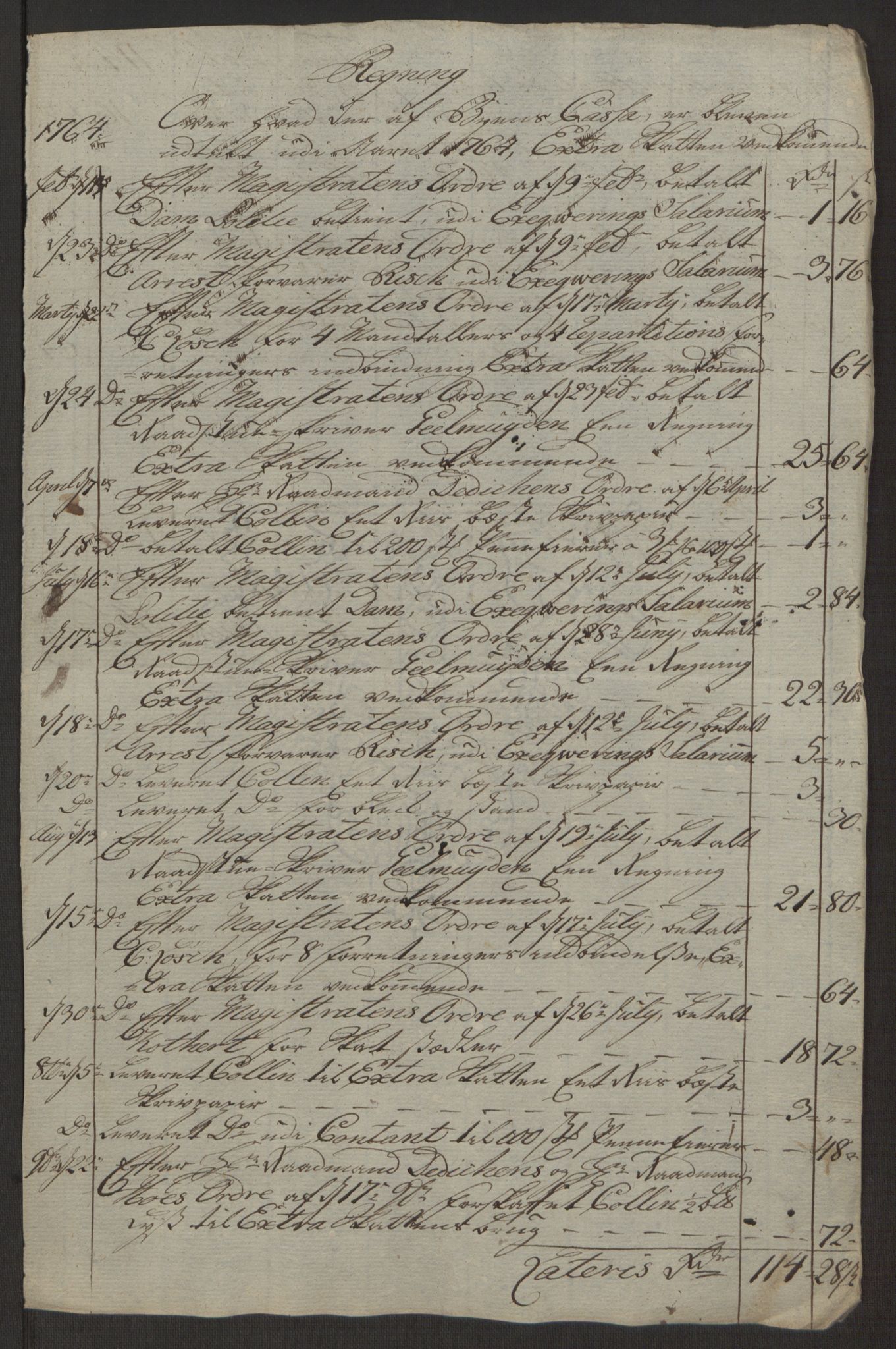 Rentekammeret inntil 1814, Reviderte regnskaper, Byregnskaper, AV/RA-EA-4066/R/Rp/L0367/0001: [P21] Kontribusjonsregnskap / Ekstraskatt, 1764, p. 39