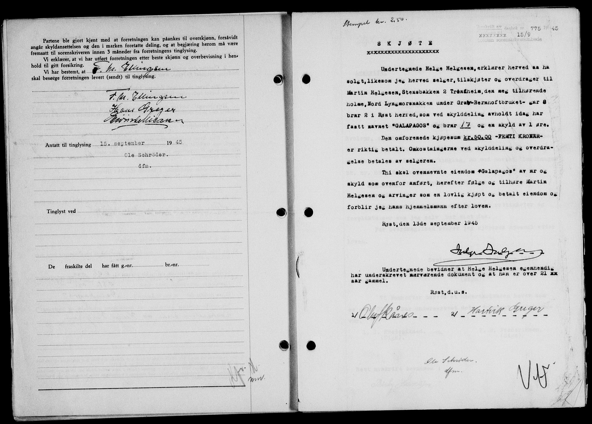 Lofoten sorenskriveri, SAT/A-0017/1/2/2C/L0013a: Mortgage book no. 13a, 1944-1946, Diary no: : 775/1945