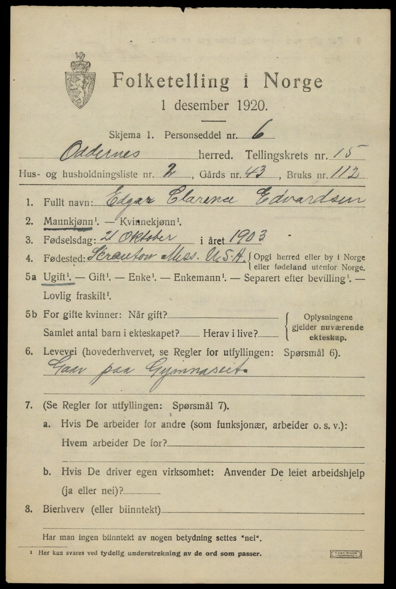 SAK, 1920 census for Oddernes, 1920, p. 9899