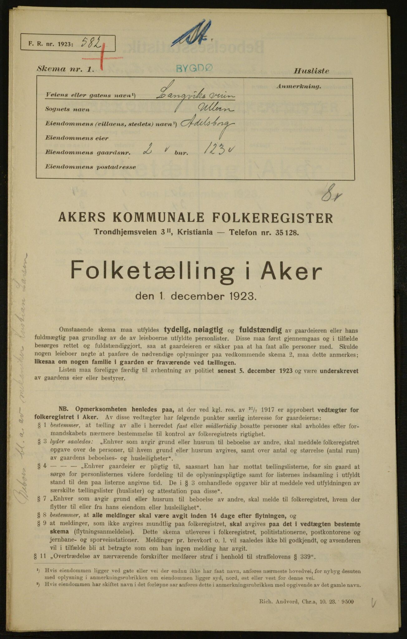 , Municipal Census 1923 for Aker, 1923, p. 3379