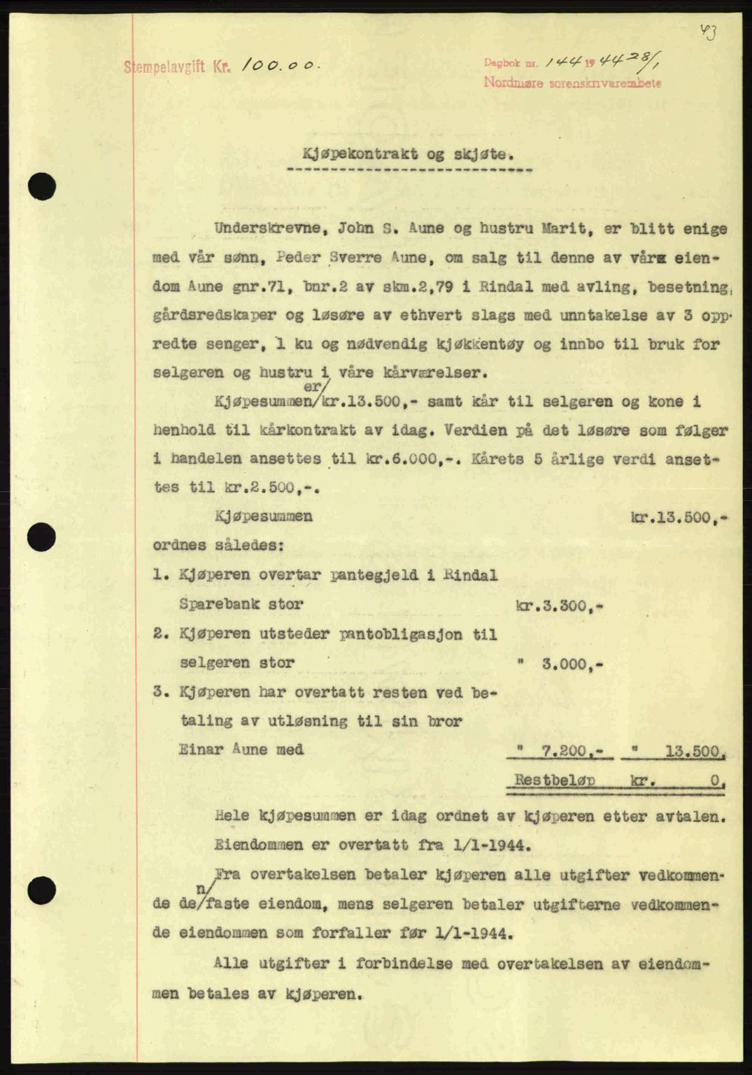 Nordmøre sorenskriveri, AV/SAT-A-4132/1/2/2Ca: Mortgage book no. A97, 1944-1944, Diary no: : 144/1944