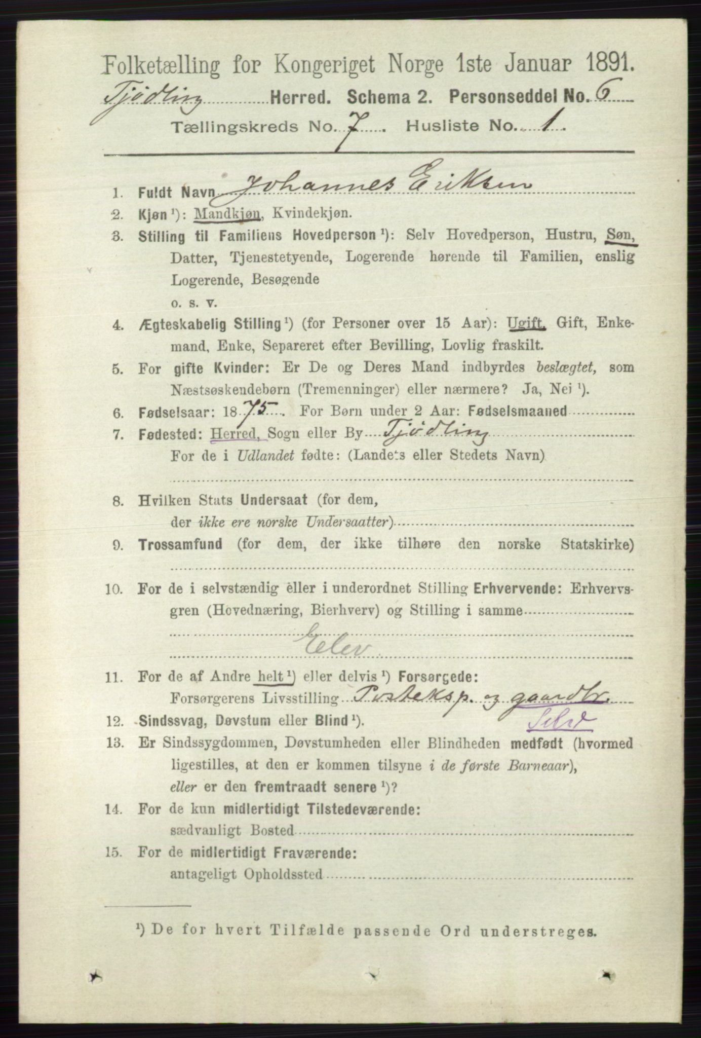 RA, 1891 census for 0725 Tjølling, 1891, p. 3672