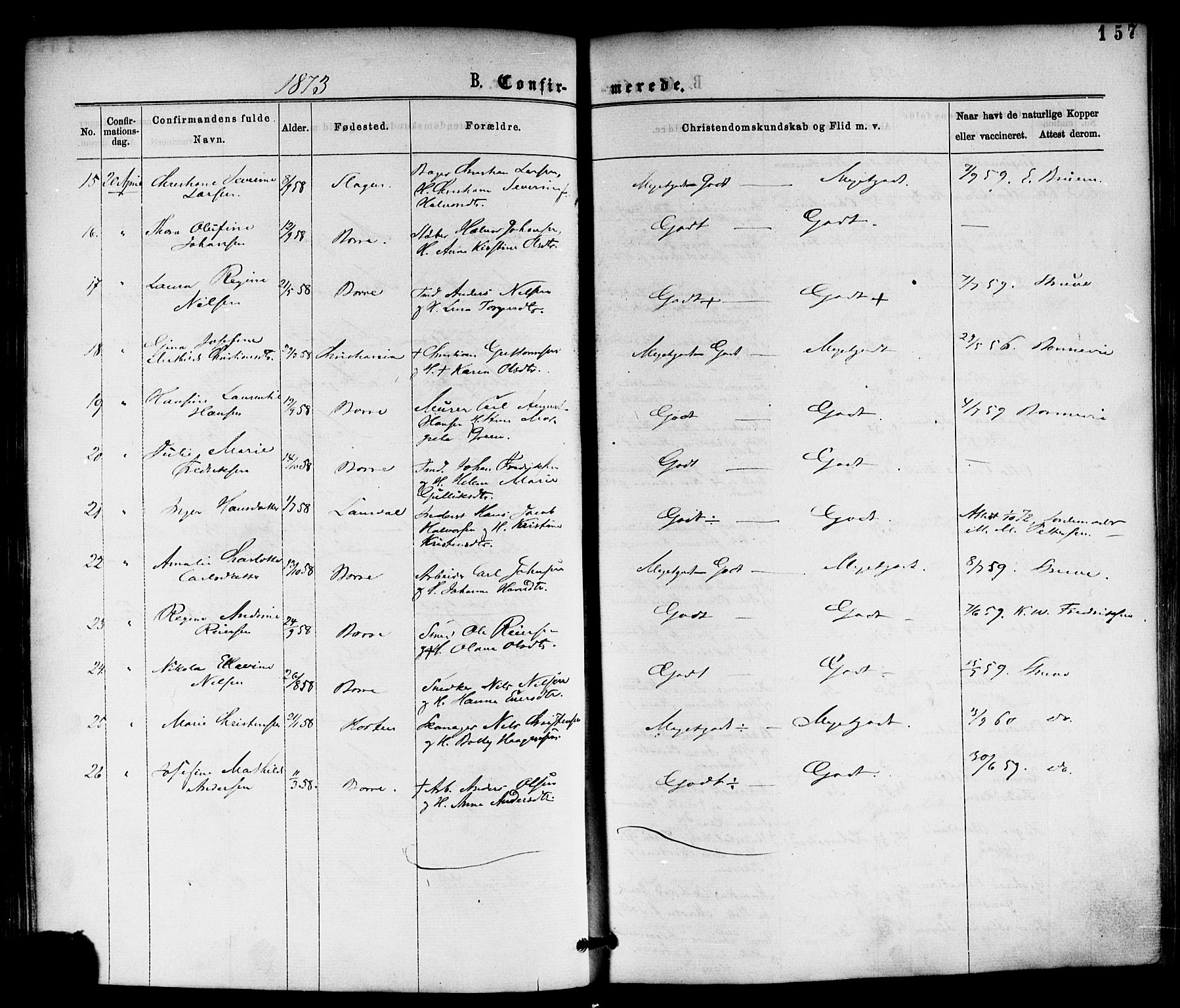 Horten kirkebøker, AV/SAKO-A-348/F/Fa/L0002: Parish register (official) no. 2, 1872-1877, p. 157