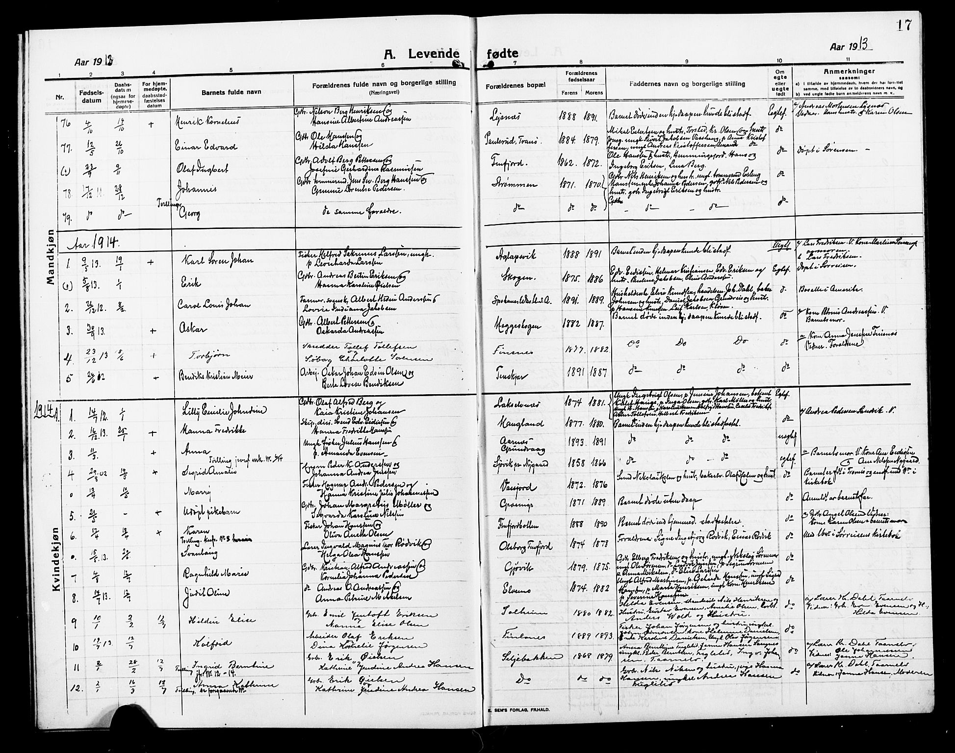 Lenvik sokneprestembete, AV/SATØ-S-1310/H/Ha/Hab/L0009klokker: Parish register (copy) no. 9, 1912-1926, p. 17