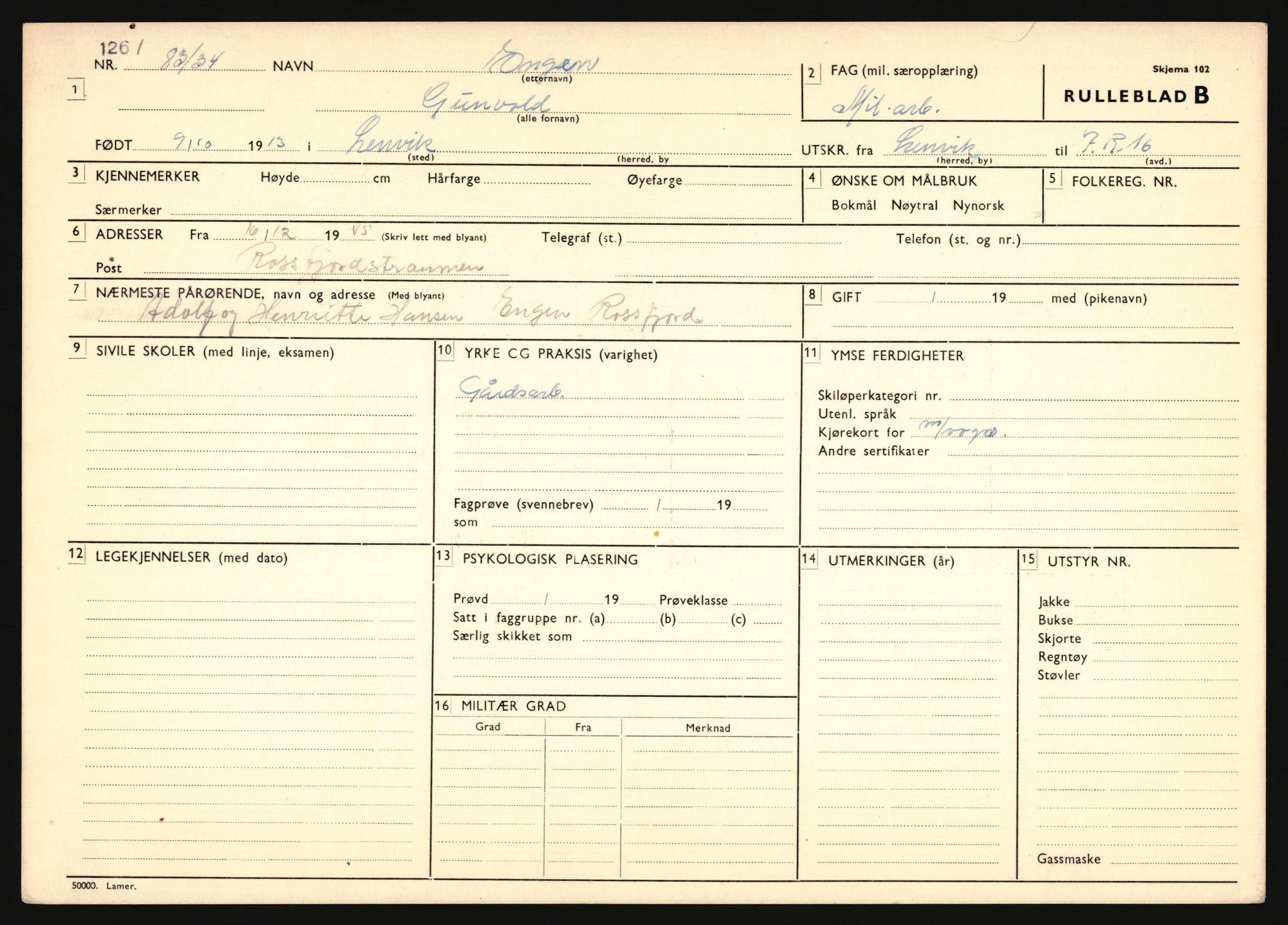 Forsvaret, Troms infanteriregiment nr. 16, AV/RA-RAFA-3146/P/Pa/L0018: Rulleblad for regimentets menige mannskaper, årsklasse 1934, 1934, p. 227