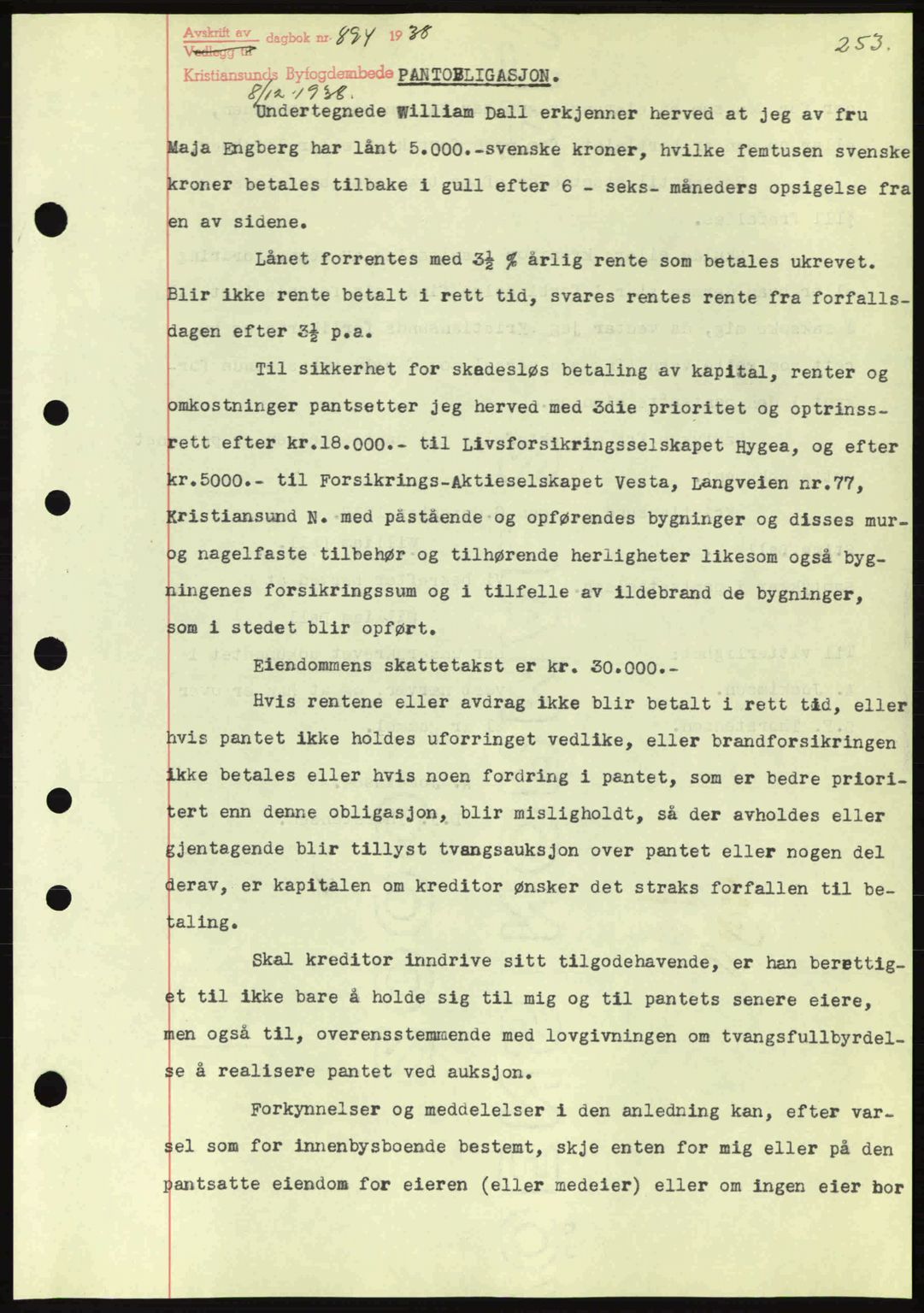 Kristiansund byfogd, SAT/A-4587/A/27: Mortgage book no. 31, 1938-1939, Diary no: : 894/1938
