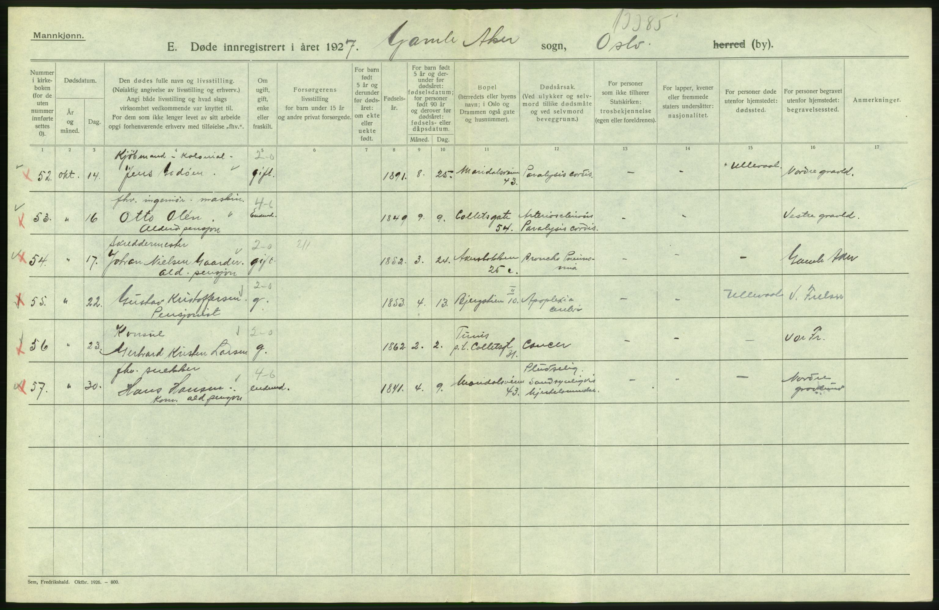 Statistisk sentralbyrå, Sosiodemografiske emner, Befolkning, AV/RA-S-2228/D/Df/Dfc/Dfcg/L0009: Oslo: Døde menn, 1927, p. 208