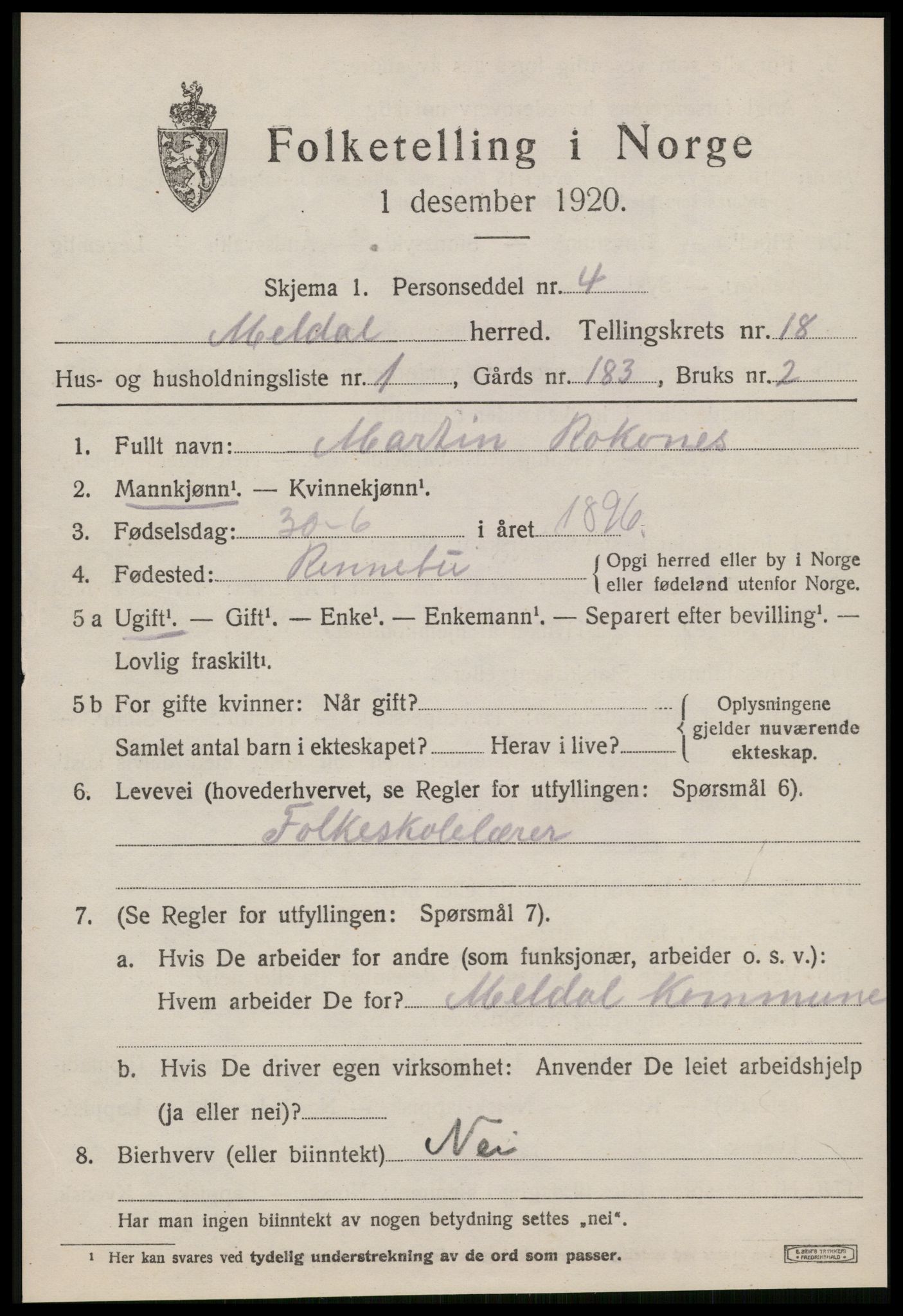 SAT, 1920 census for Meldal, 1920, p. 11339