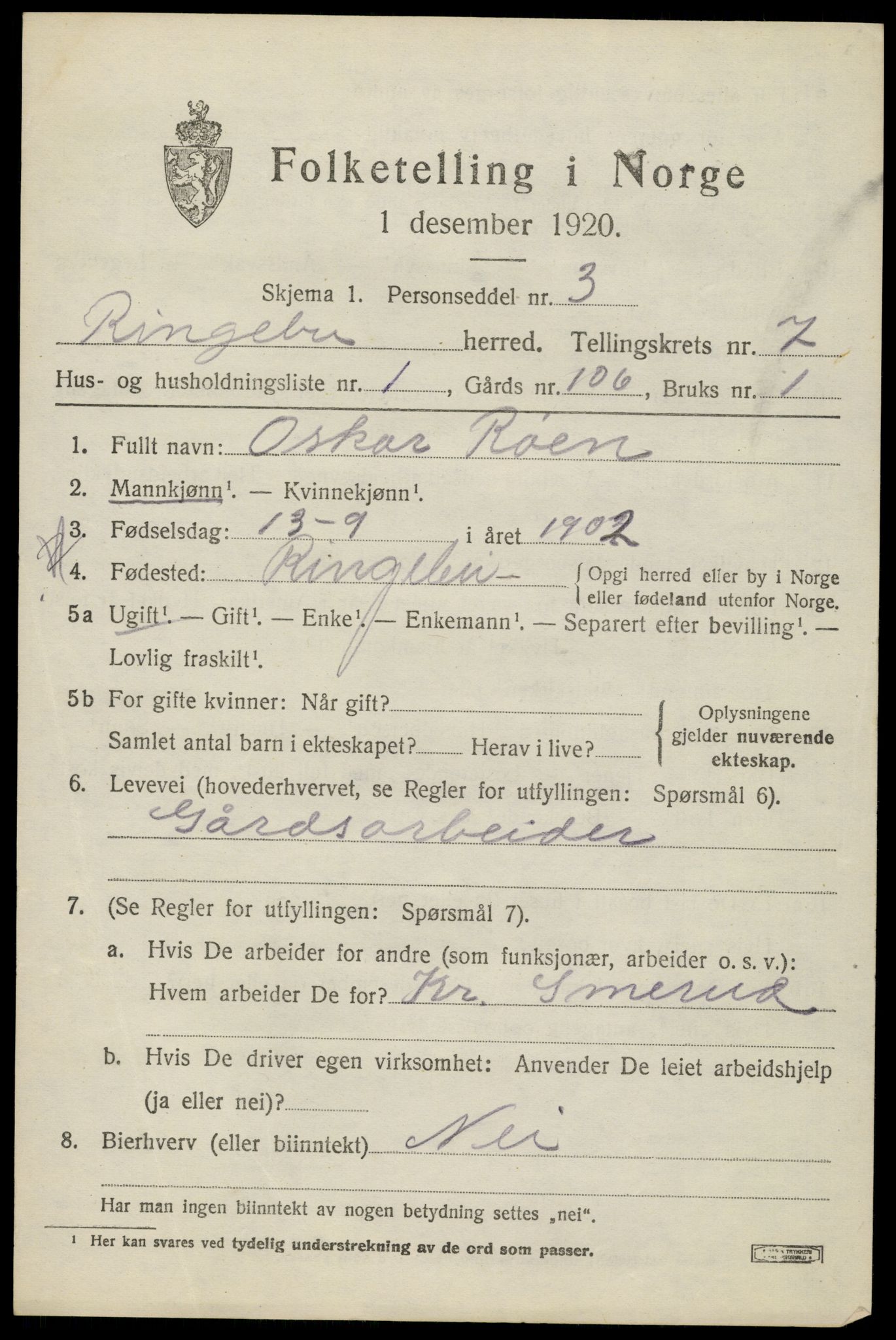 SAH, 1920 census for Ringebu, 1920, p. 7377