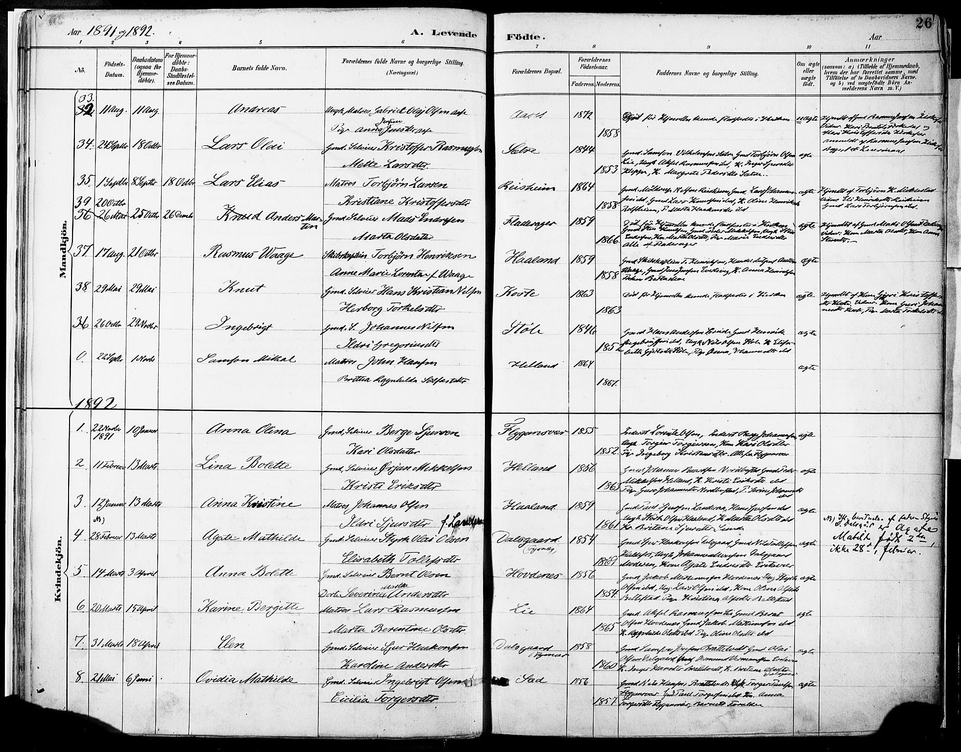 Tysnes sokneprestembete, SAB/A-78601/H/Haa: Parish register (official) no. D 1, 1887-1904, p. 26