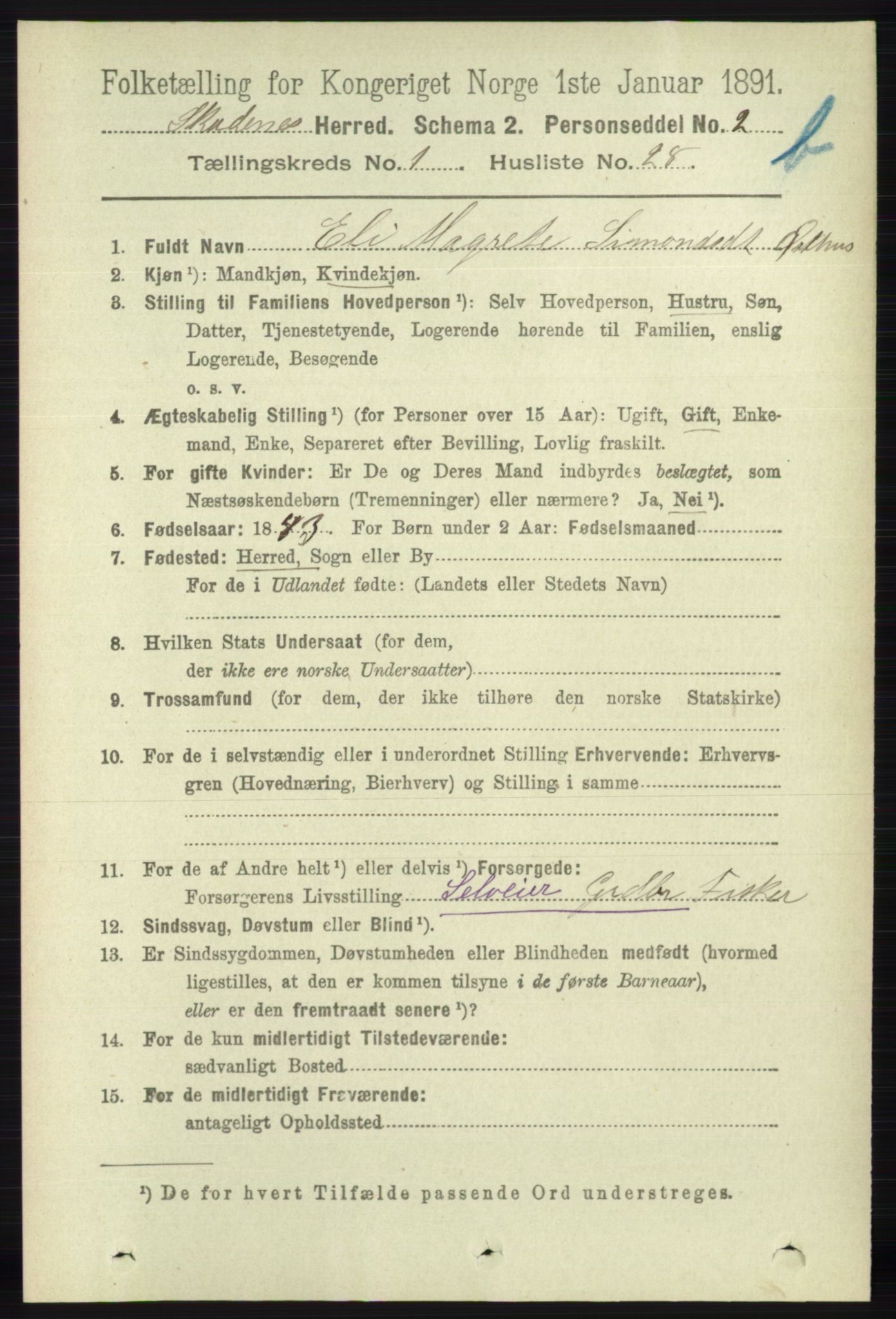 RA, 1891 census for 1150 Skudenes, 1891, p. 3552