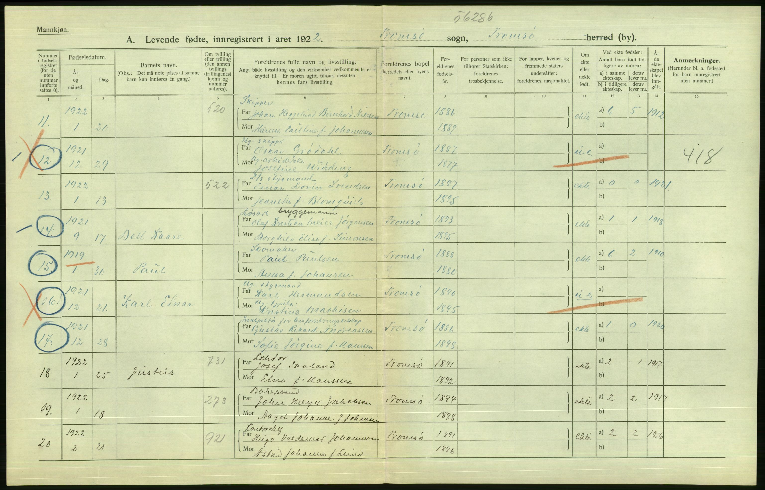 Statistisk sentralbyrå, Sosiodemografiske emner, Befolkning, AV/RA-S-2228/D/Df/Dfc/Dfcb/L0047: Troms fylke: Levendefødte menn og kvinner. Bygder og byer., 1922, p. 6