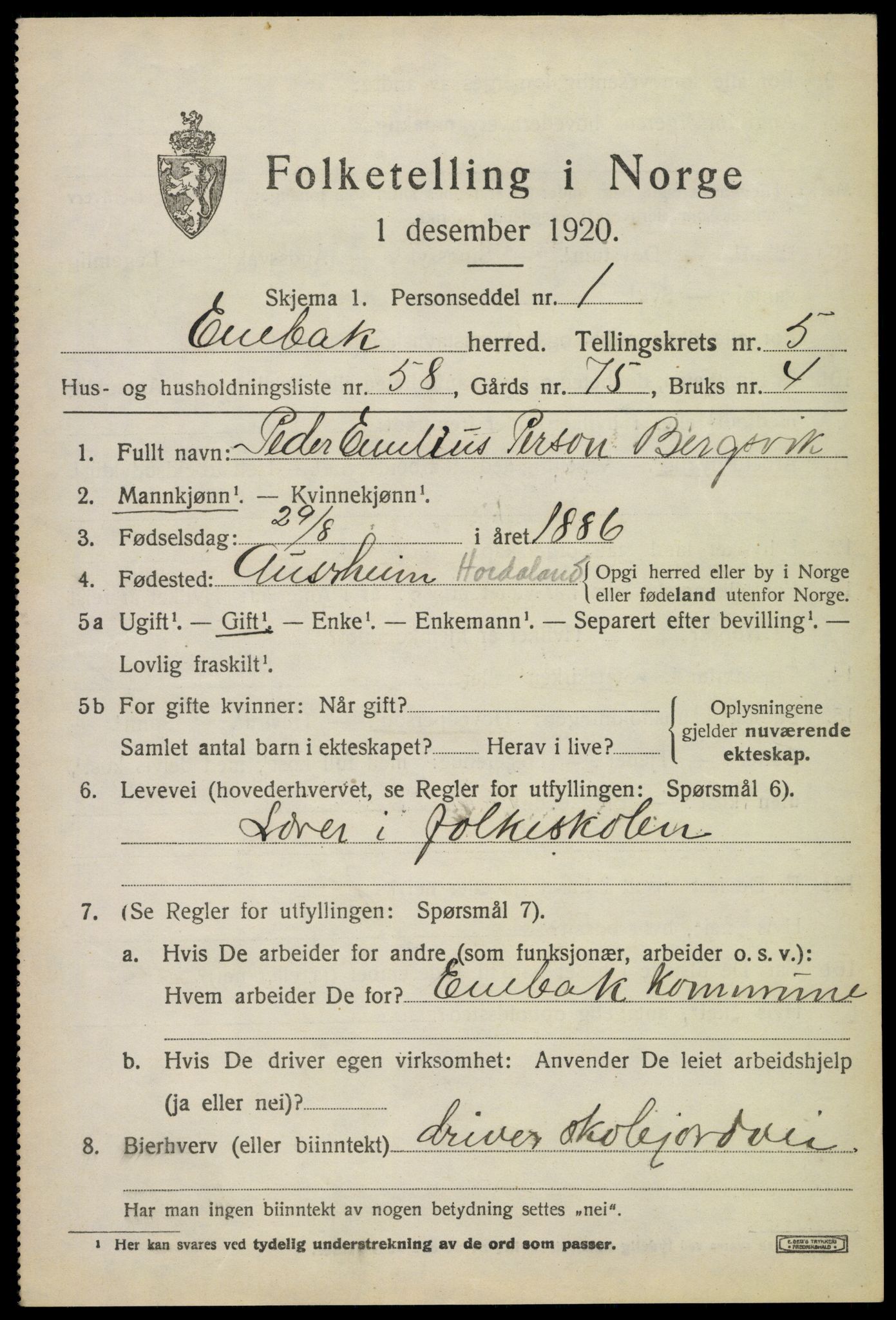 SAO, 1920 census for Enebakk, 1920, p. 4705