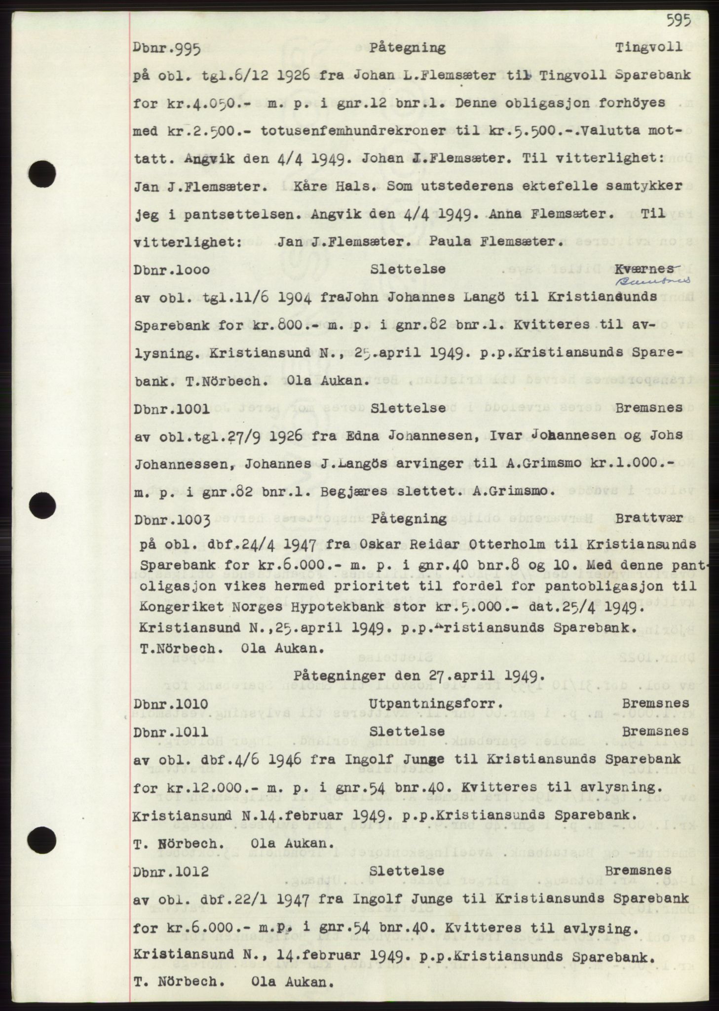 Nordmøre sorenskriveri, SAT/A-4132/1/2/2Ca: Mortgage book no. C82b, 1946-1951, Diary no: : 995/1949