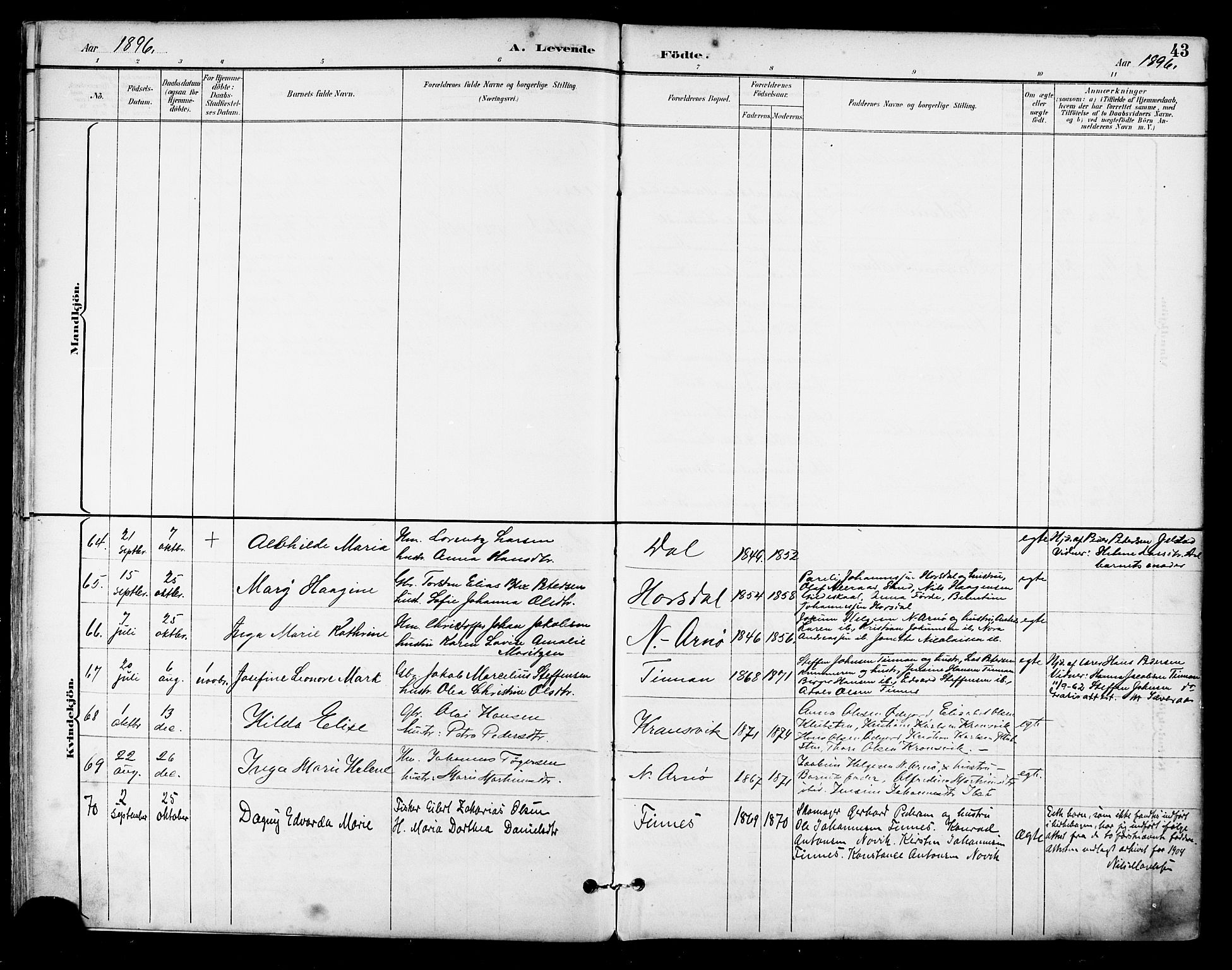 Ministerialprotokoller, klokkerbøker og fødselsregistre - Nordland, AV/SAT-A-1459/805/L0101: Parish register (official) no. 805A07, 1892-1899, p. 43