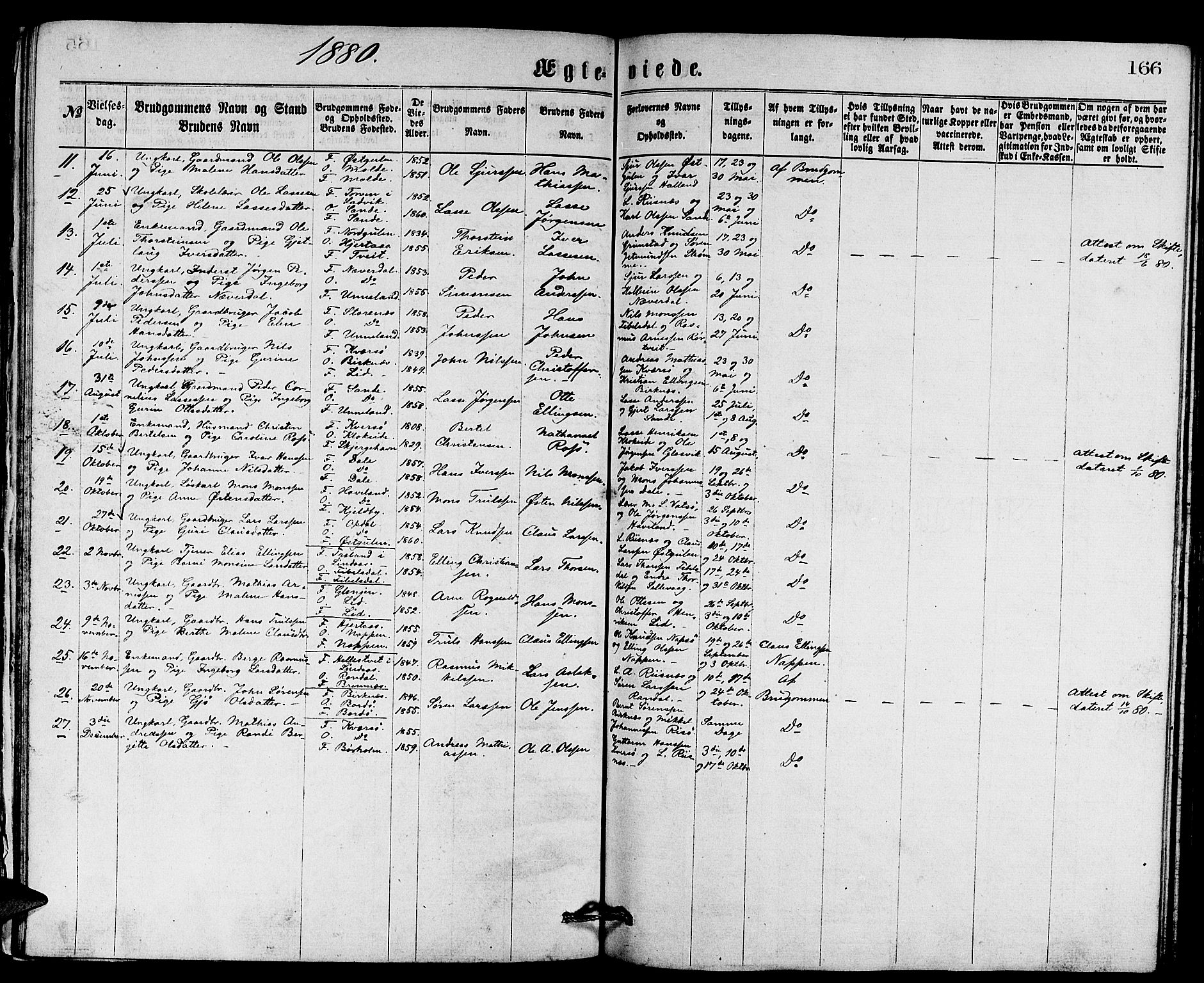 Gulen sokneprestembete, AV/SAB-A-80201/H/Hab/Habb/L0002: Parish register (copy) no. B 2, 1867-1883, p. 166