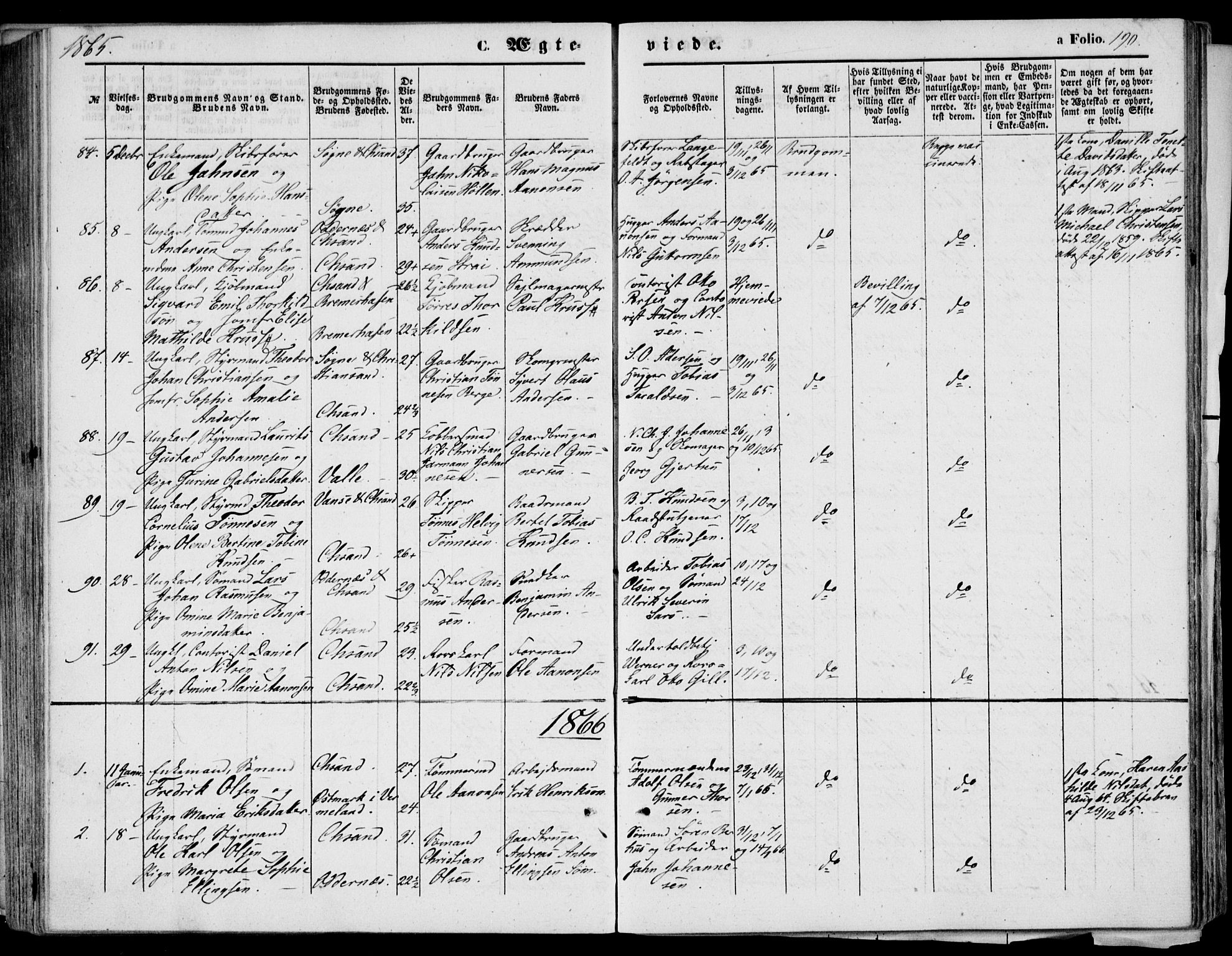 Kristiansand domprosti, SAK/1112-0006/F/Fb/L0012: Parish register (copy) no. B 12, 1861-1870, p. 190