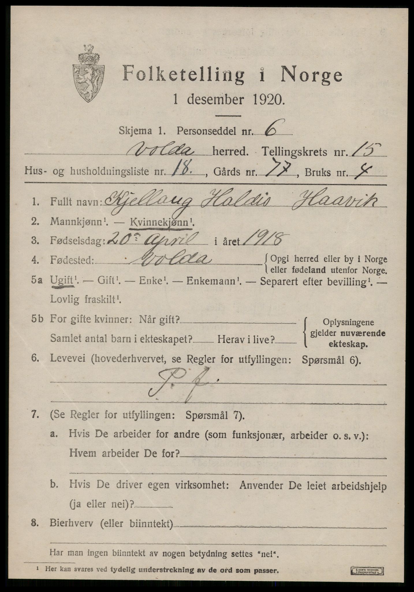 SAT, 1920 census for Volda, 1920, p. 9196