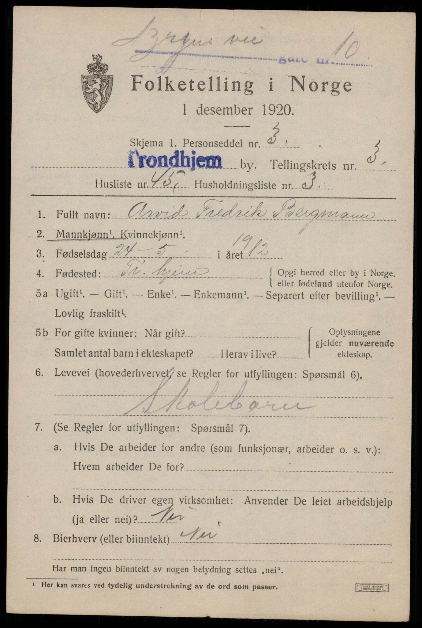 SAT, 1920 census for Trondheim, 1920, p. 36880