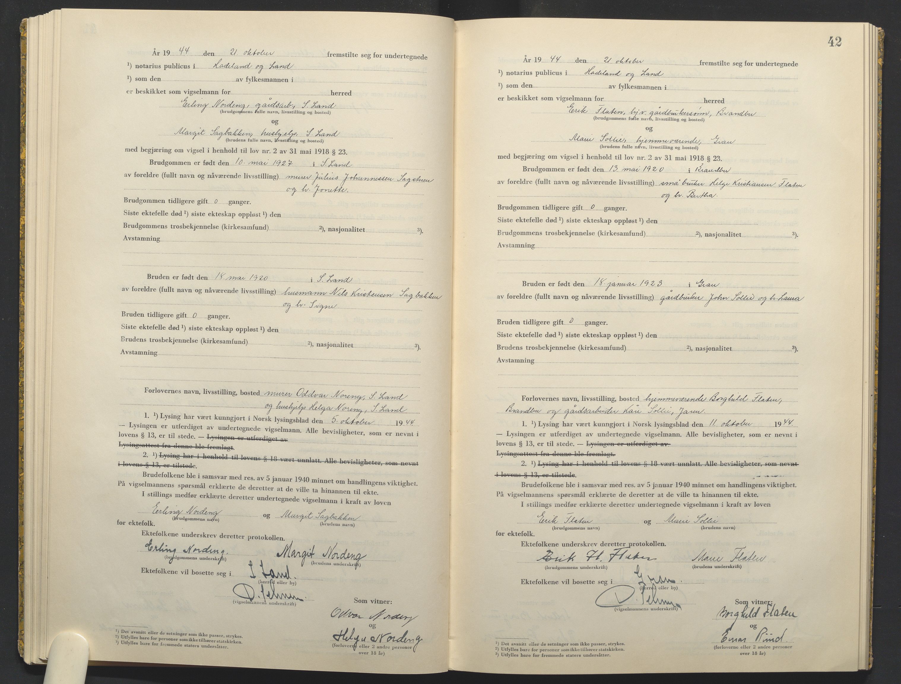 Hadeland og Land tingrett, AV/SAH-TING-010/L/Lb/L0003: Vigselbok, 1944-1946, p. 42