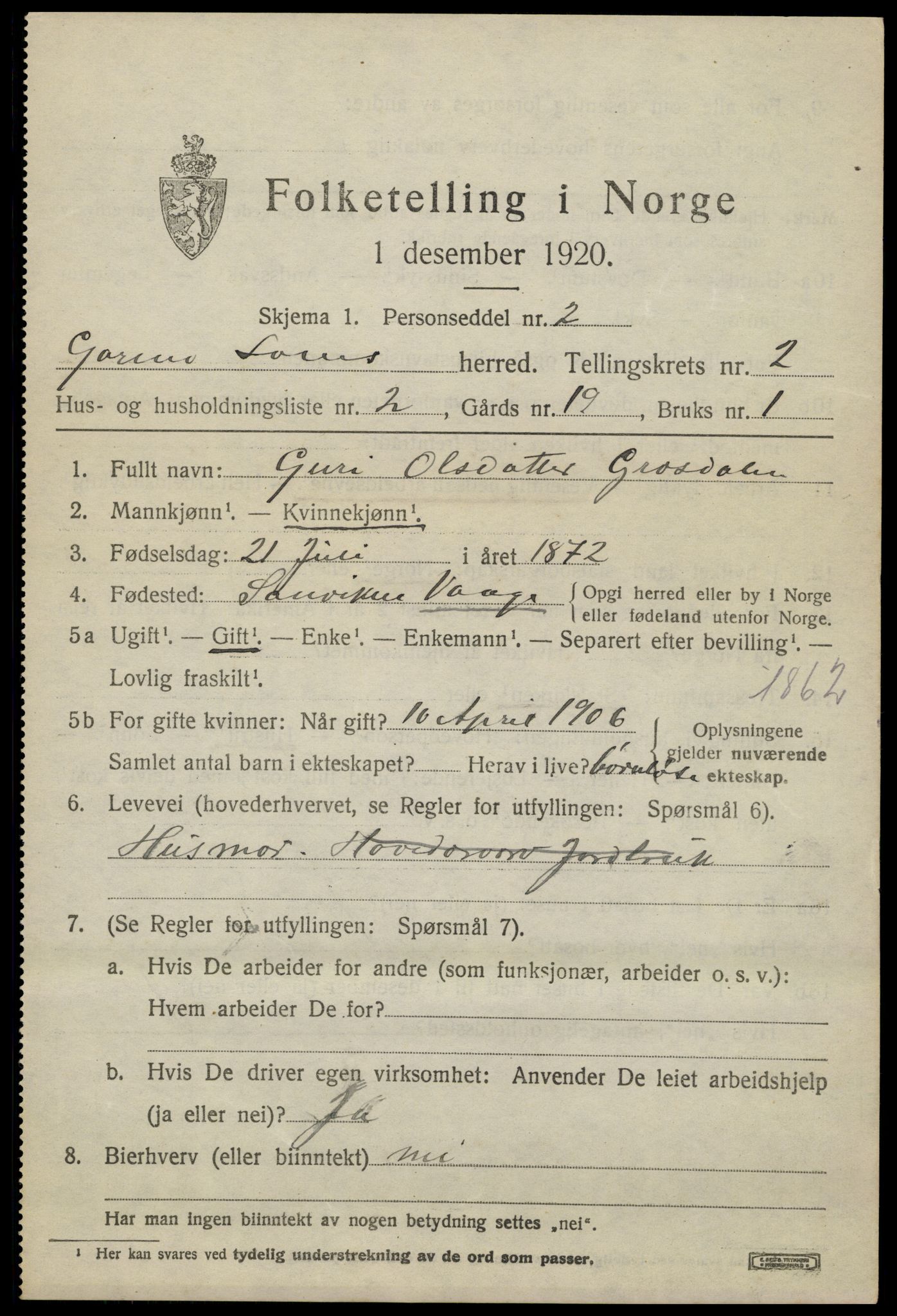 SAH, 1920 census for Lom, 1920, p. 1782